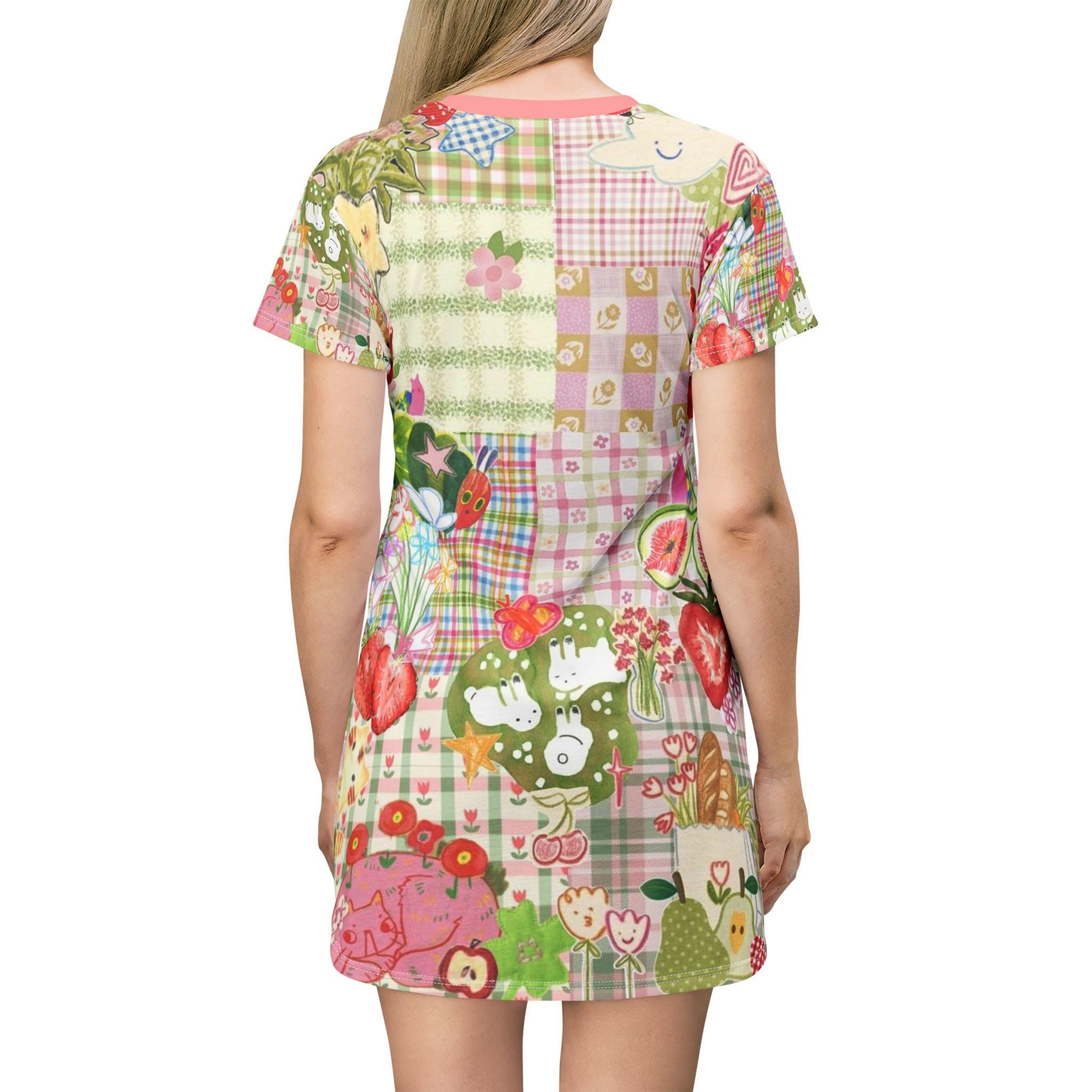 Patchwork T-Shirt Dress, Fruit & Nature Print, Fun Fashion - Kitty TeeHees