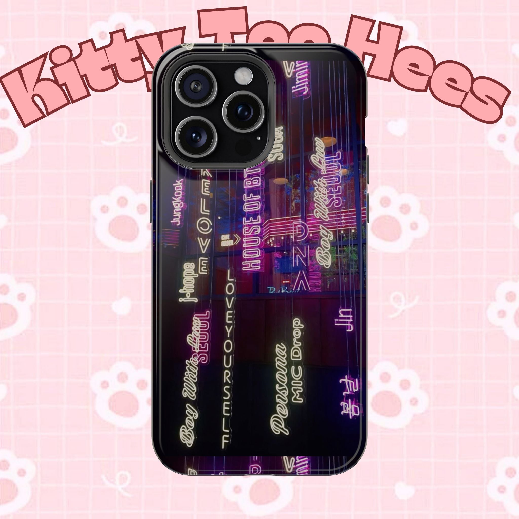 Neon Korean script BTS phone case for iPhone and Samsung, impact-resistant design featuring Bangtan Sonyeondan branding.