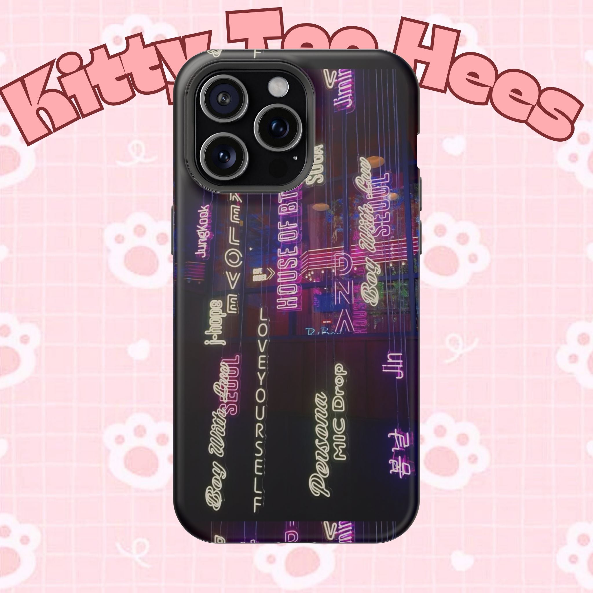 Neon Korean script phone case with BTS logo, impact-resistant design for iPhone and Samsung smartphones, vibrant print.