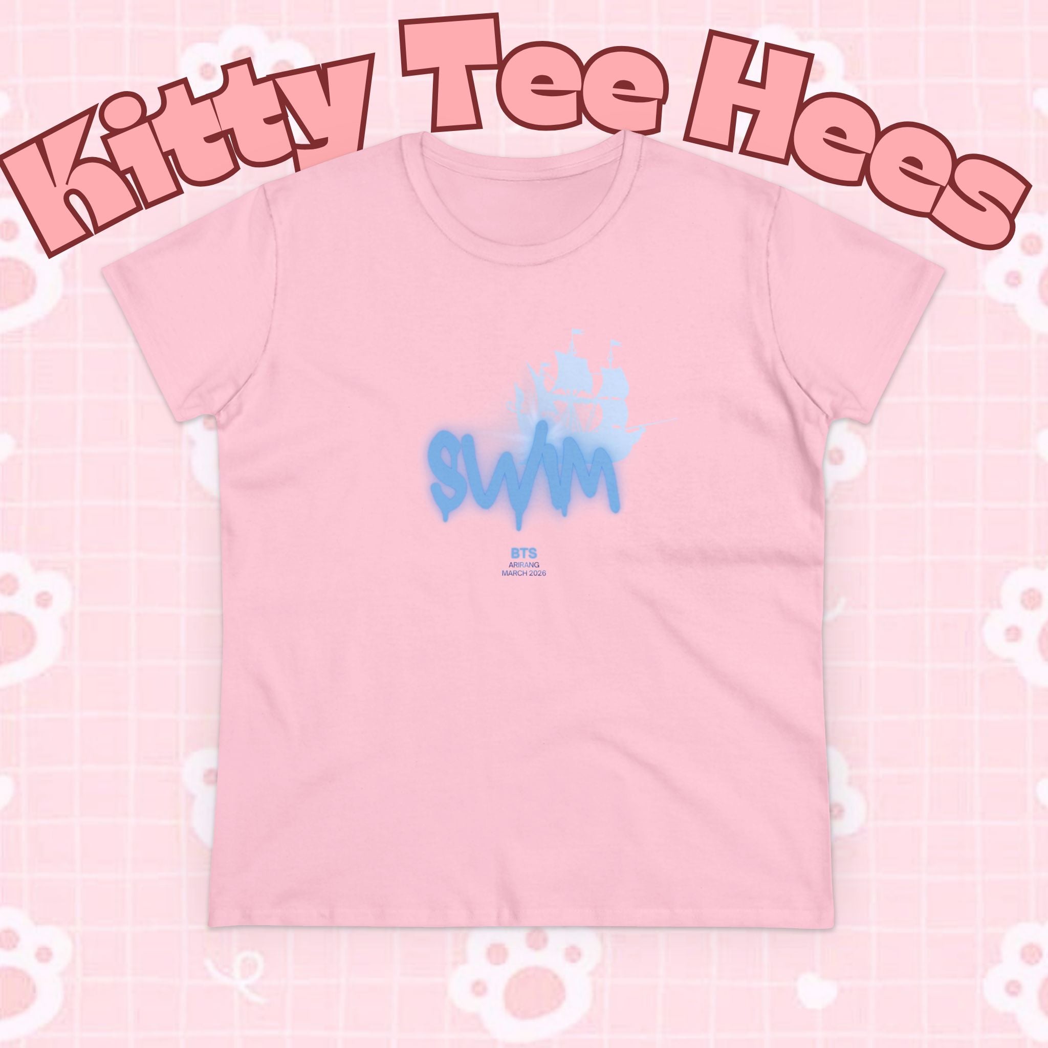 Women's BTS Sailboat Script Logo T-shirt featuring Bangtan World Tour design, made of cotton for a comfortable concert look.