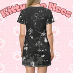 Black Maximalist T-shirt dress with gothic cat print, all-over collage design, featuring bold black and graphic feline imagery.