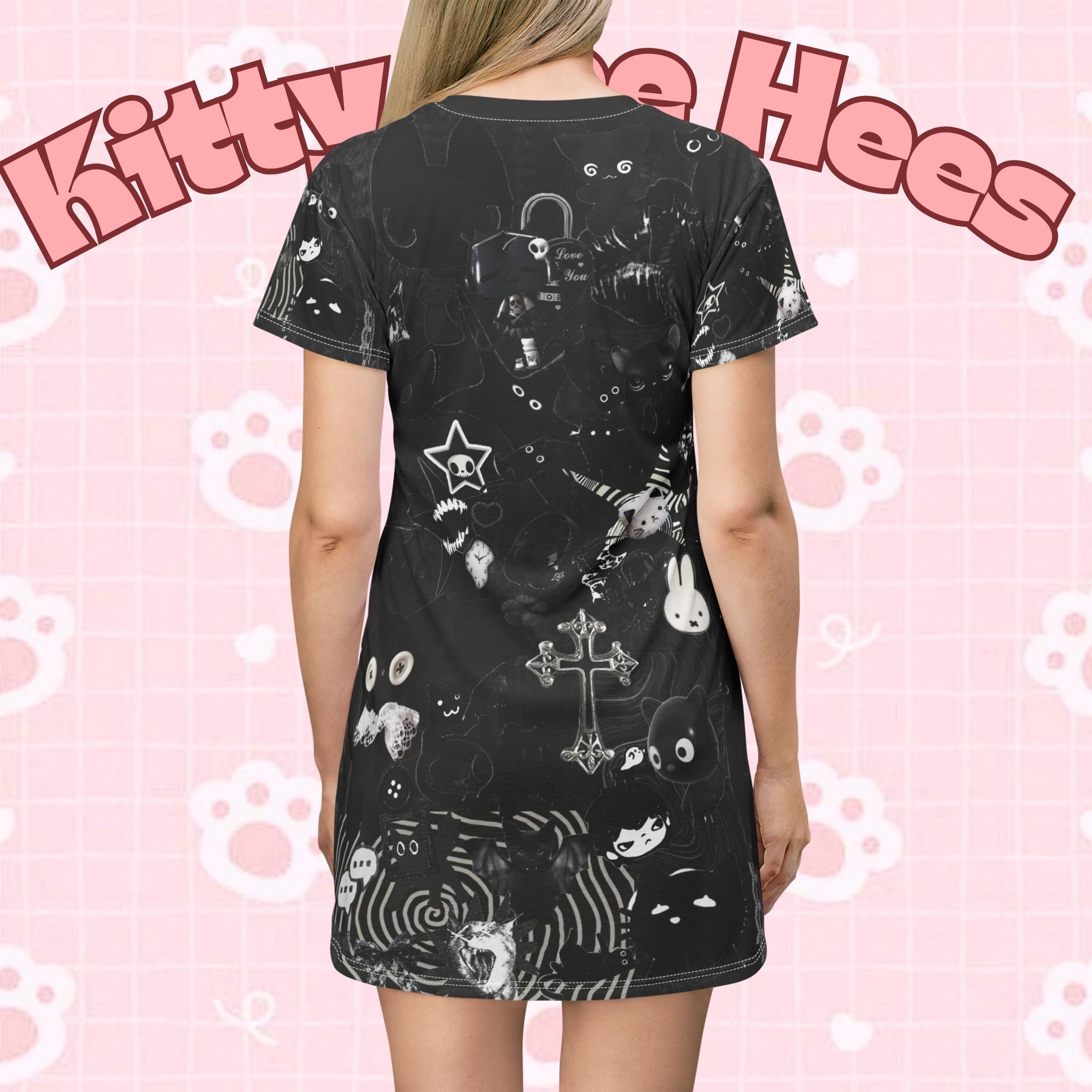 Black Maximalist T-shirt dress with gothic cat print, all-over collage design, featuring bold black and graphic feline imagery.