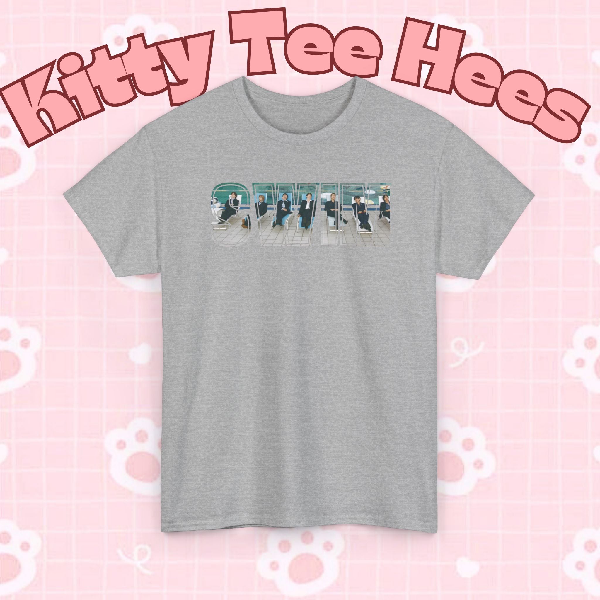 Printify BTS swim graphic T-shirt featuring Arirang BTS pool design and "I could spend a lifetime watching you swim" text.