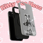 Monochrome BTS Jungkook phone case with letter design, impact-resistant Printify brand case for Samsung or iPhone.