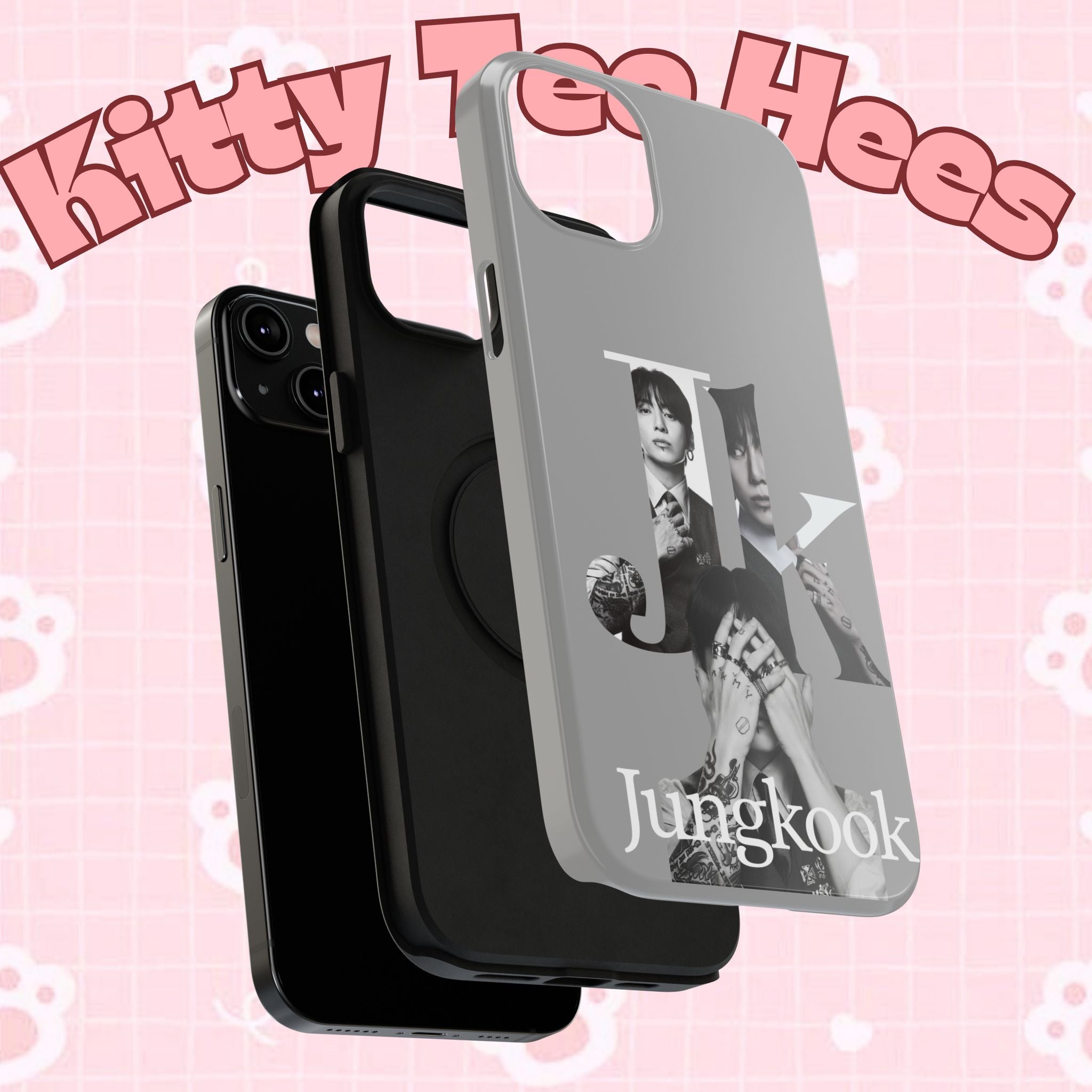 Monochrome BTS Jungkook phone case with letter design, impact-resistant Printify brand case for Samsung or iPhone.