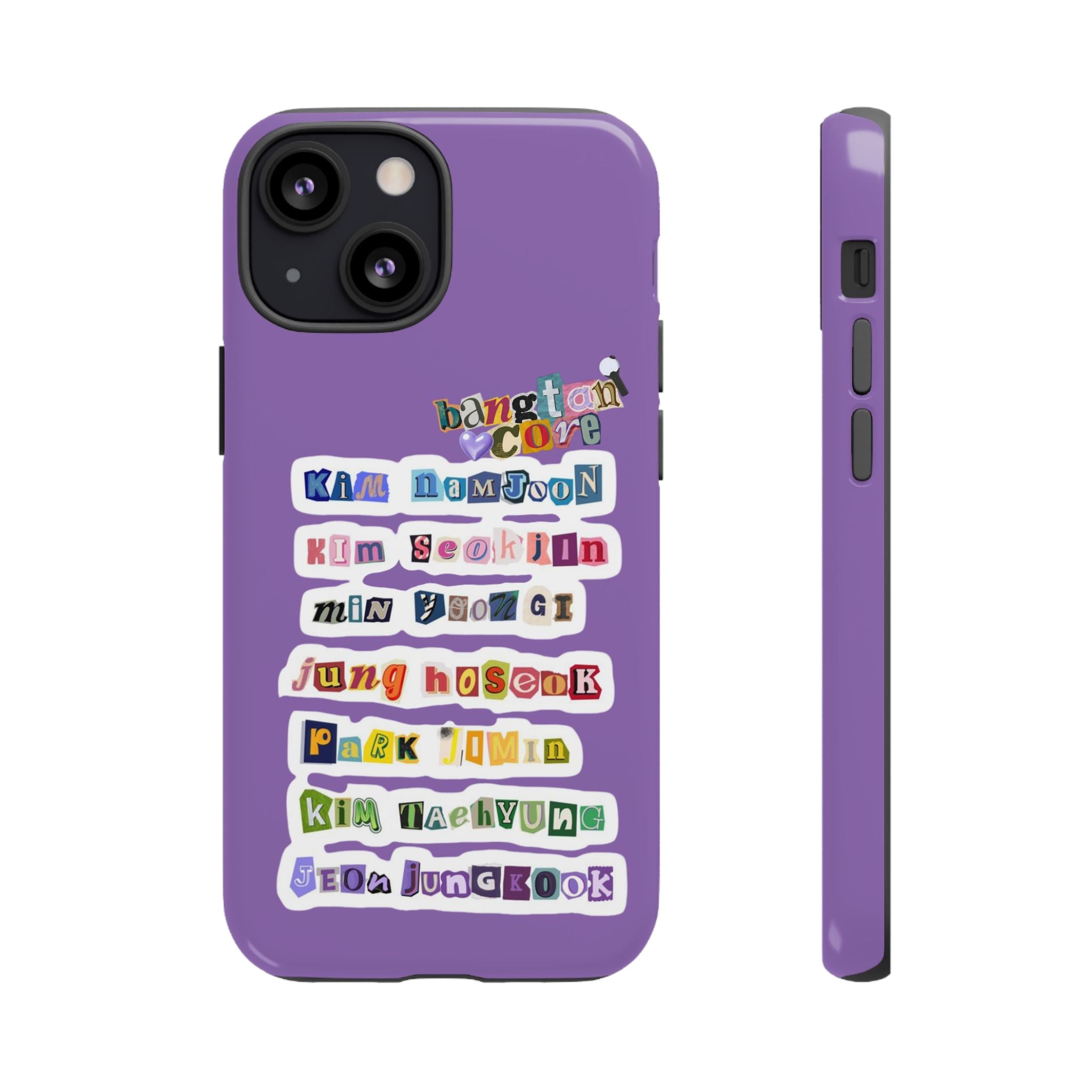 BTS member names phone case featuring Jungkook, Jimin, and Rap Monster for iPhone 17 with tough protective design.