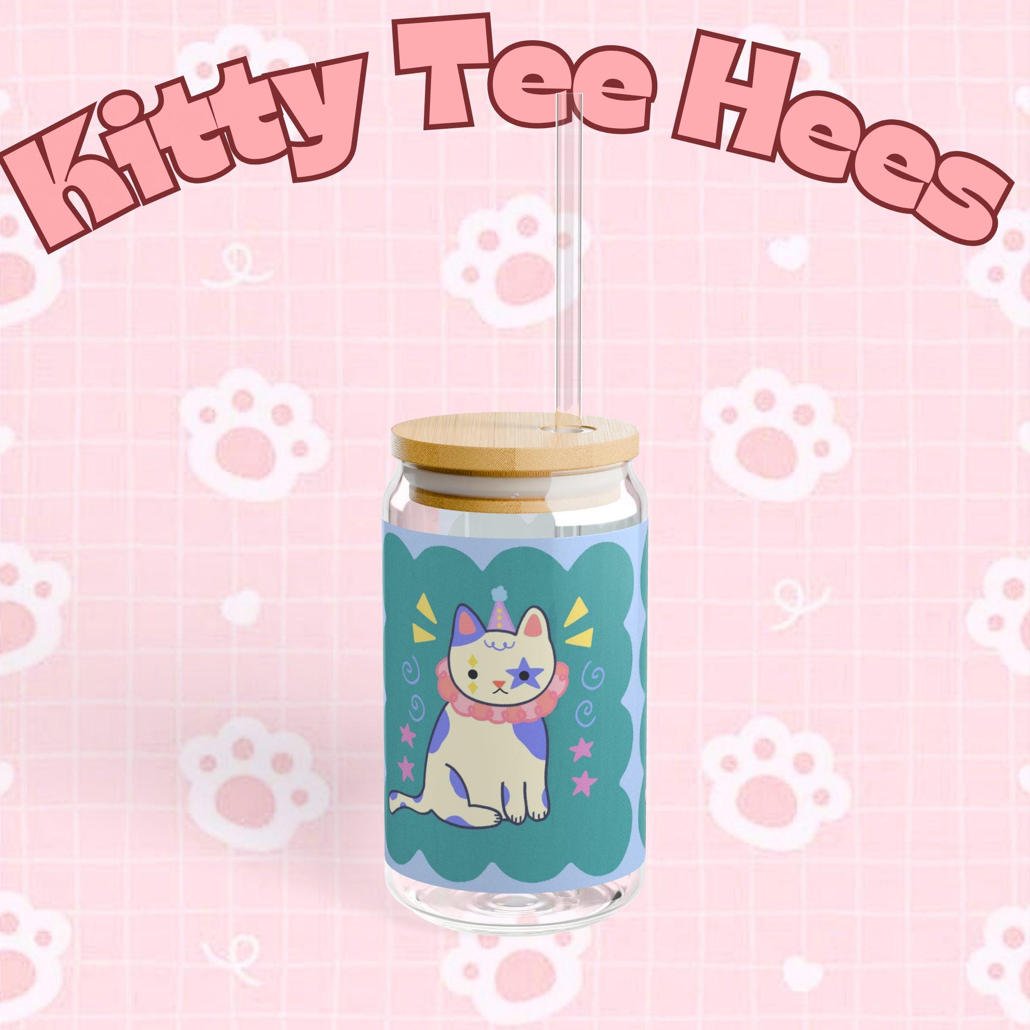 Clown Cat Sipper Glass, Fun Drinkware with Bamboo Lid - Kitty TeeHees