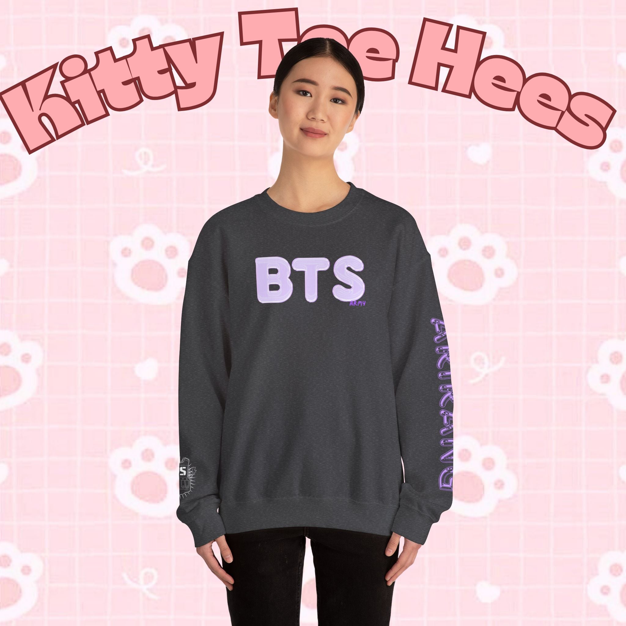 Lavender BTS Logo arirang crewneck sweatshirt by Printify featuring BTS comeback and concert design, K-pop band pullover.