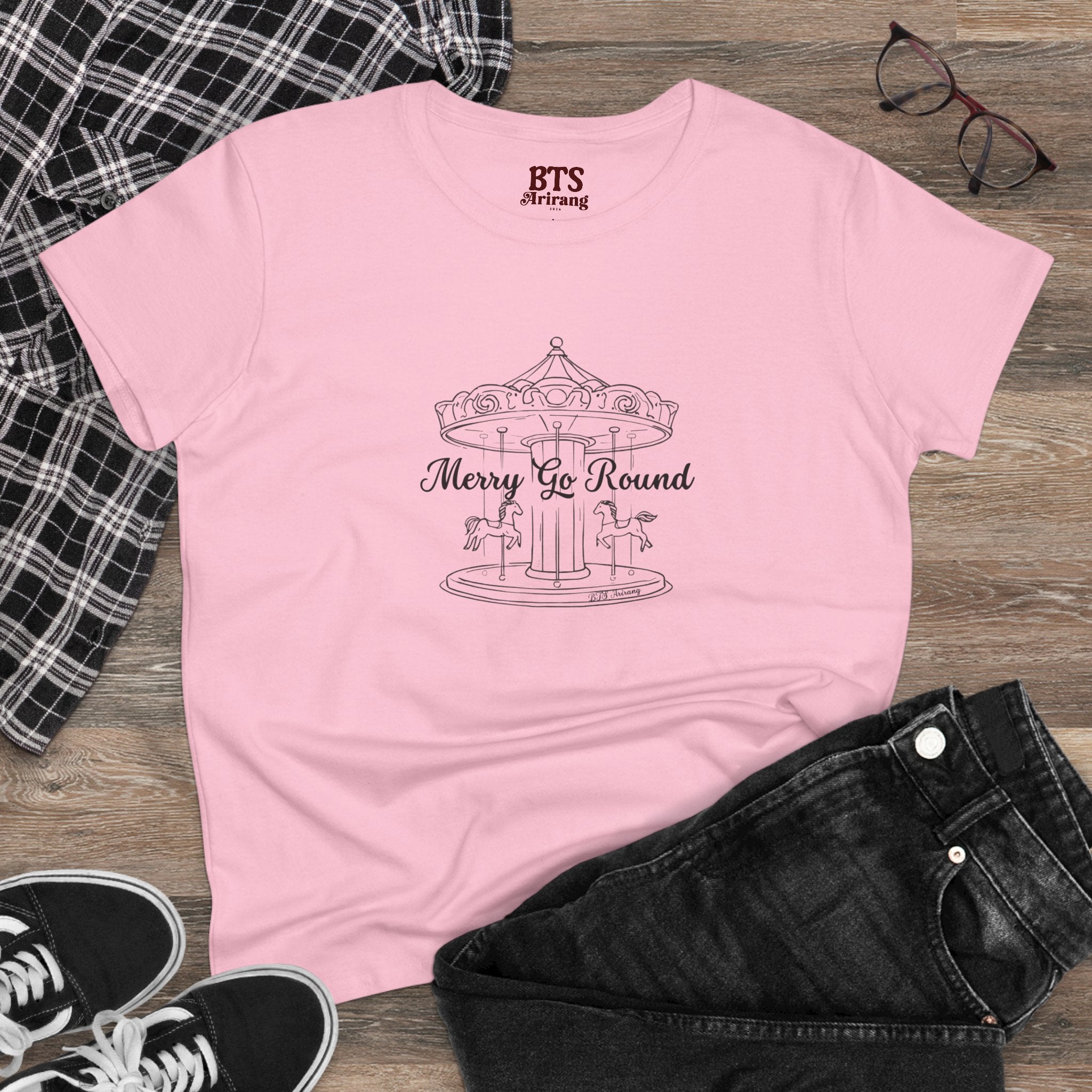 Printify BTS Arirang 2026 album Merry Go Round carousel sketch T-shirt with lyric script back print and casual style.