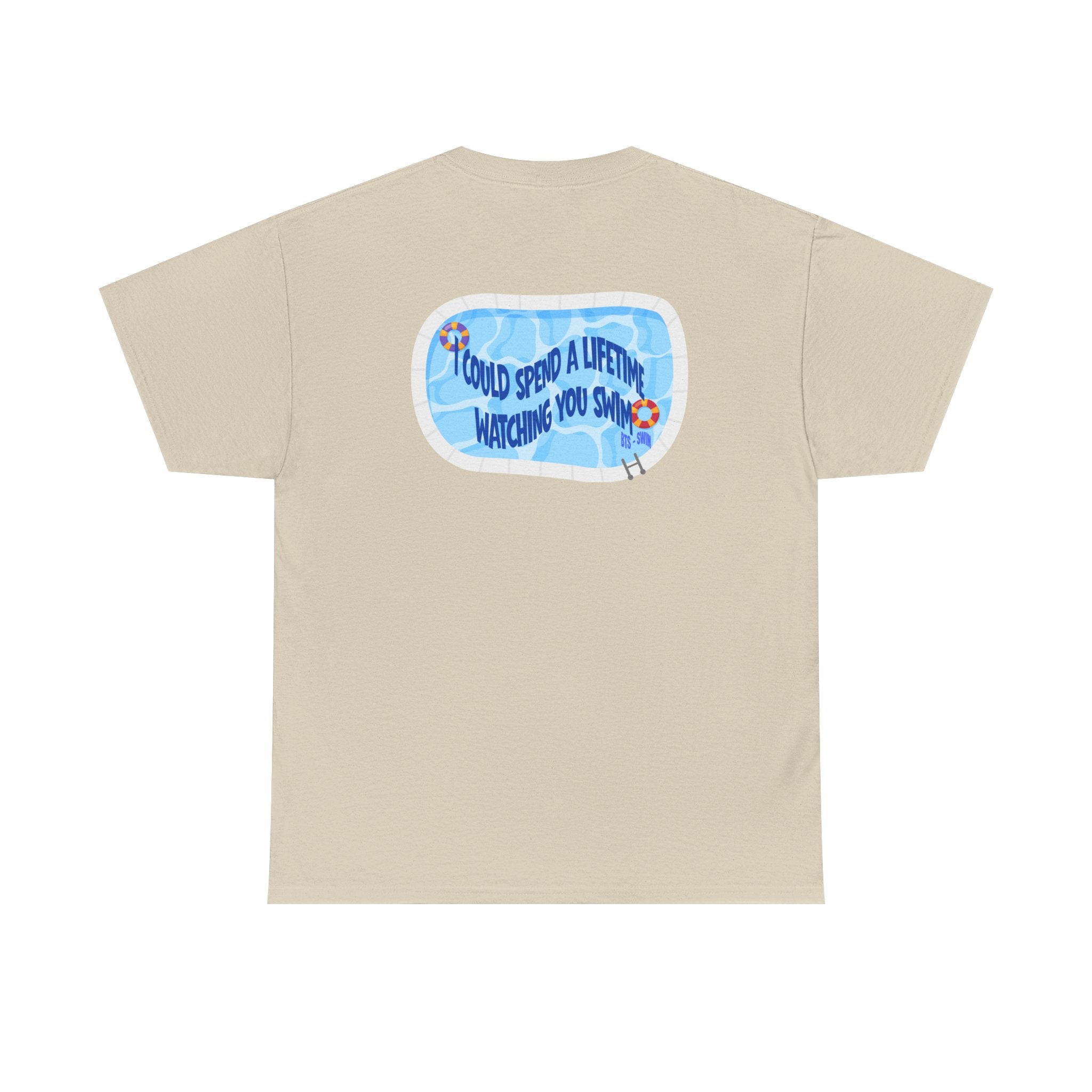 Printify BTS swim graphic T-shirt featuring a pool design and "I could spend a lifetime watching you swim" text, perfect for Bangtan fans.