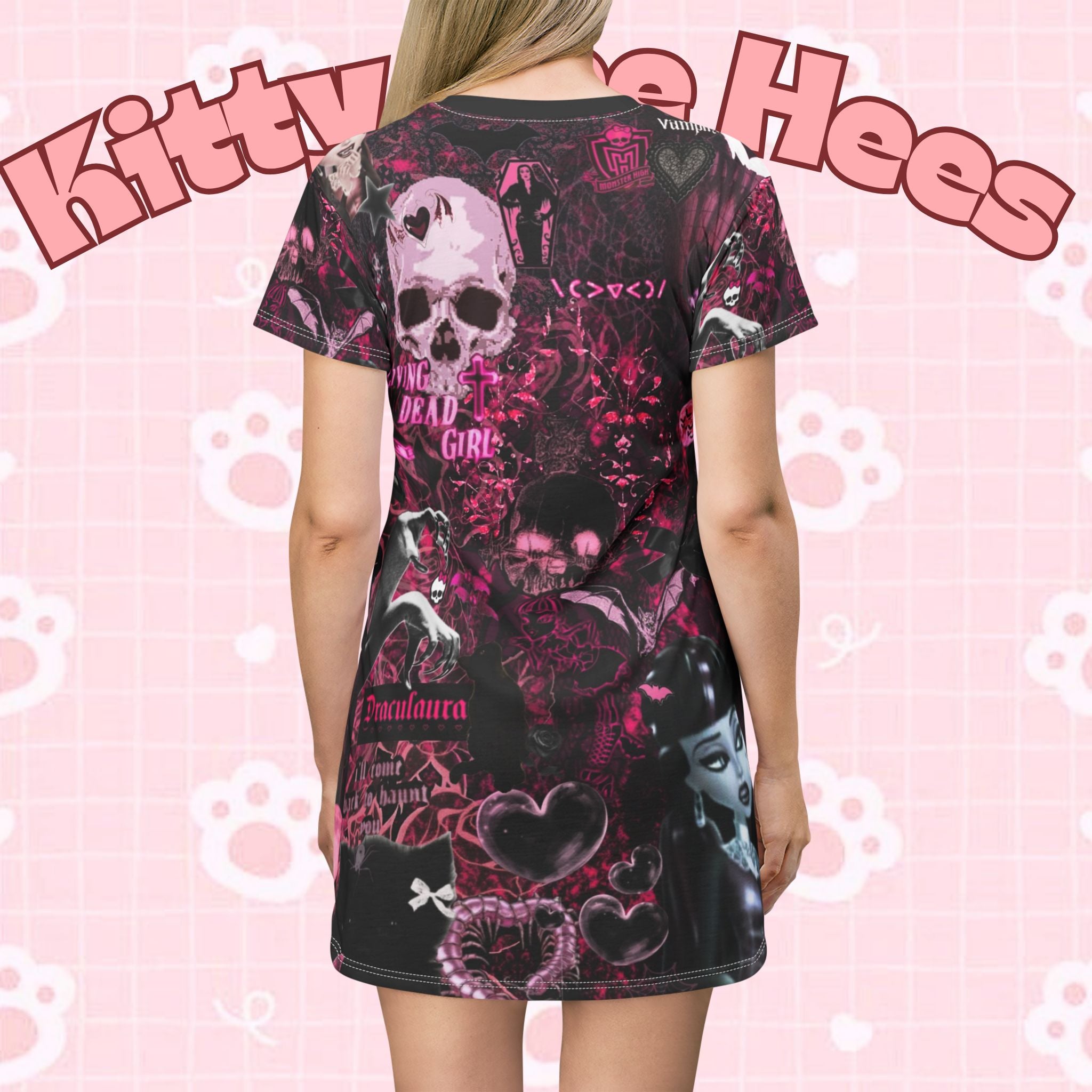 Pink Monster High DracuLaura bat and black cat print T-shirt dress for teen girls, featuring cartoon character Halloween costume design.