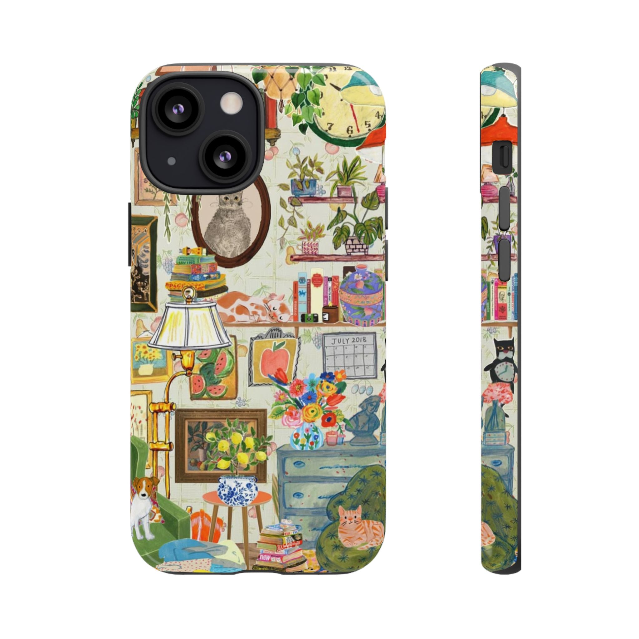 Cute cat portrait phone case for iPhone 17, stylish Printify pet-themed protective case with cozy living room design.