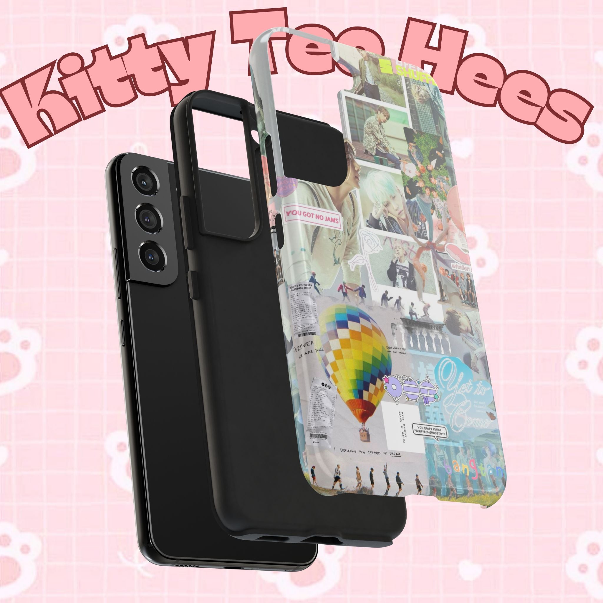 Printify BTS collage phone case for iPhone and Samsung featuring pastel hot air balloon and K-Pop photo collage design.