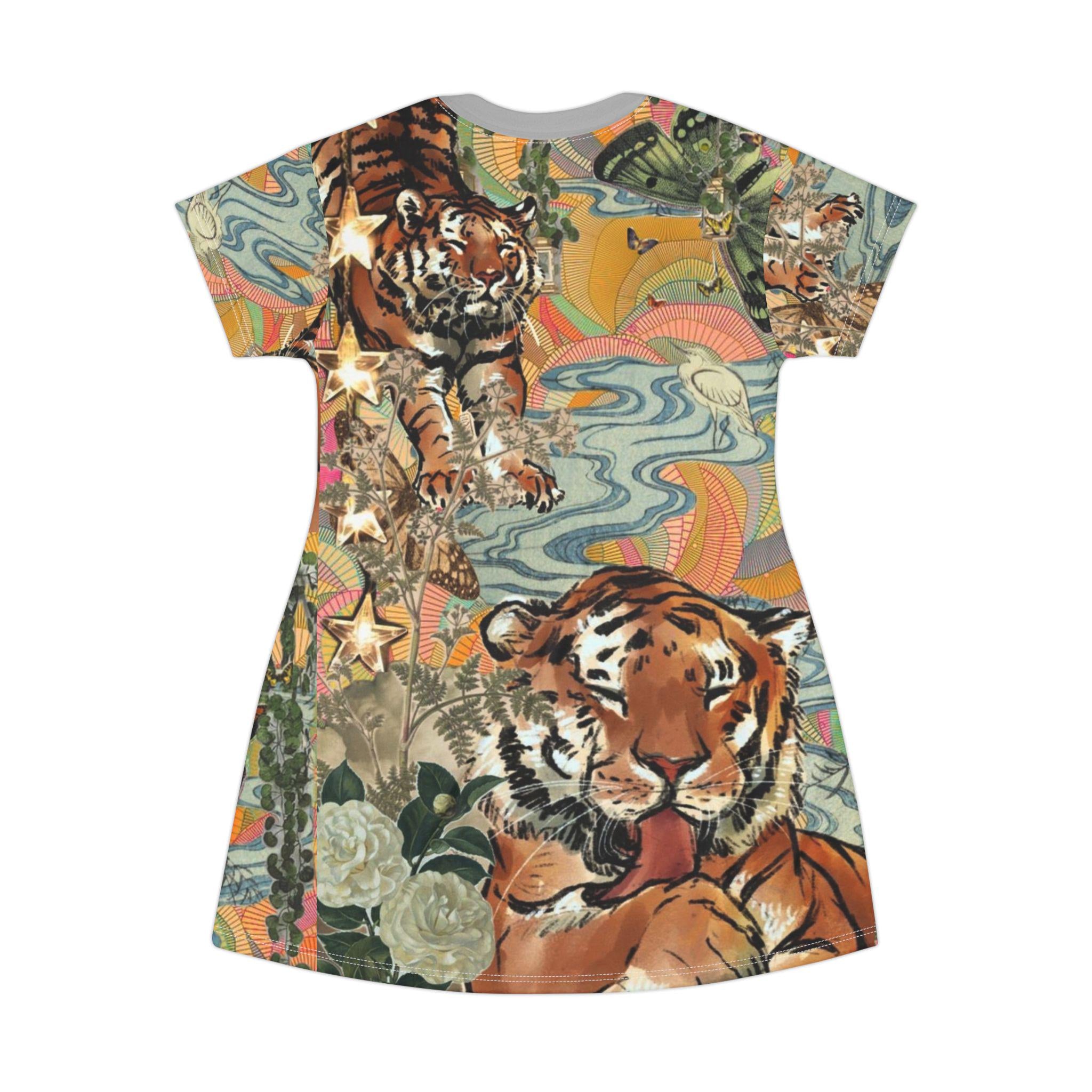 Tiger Print T-Shirt Dress, Comfy Summer Wear, Catlover Fashion - Kitty TeeHees