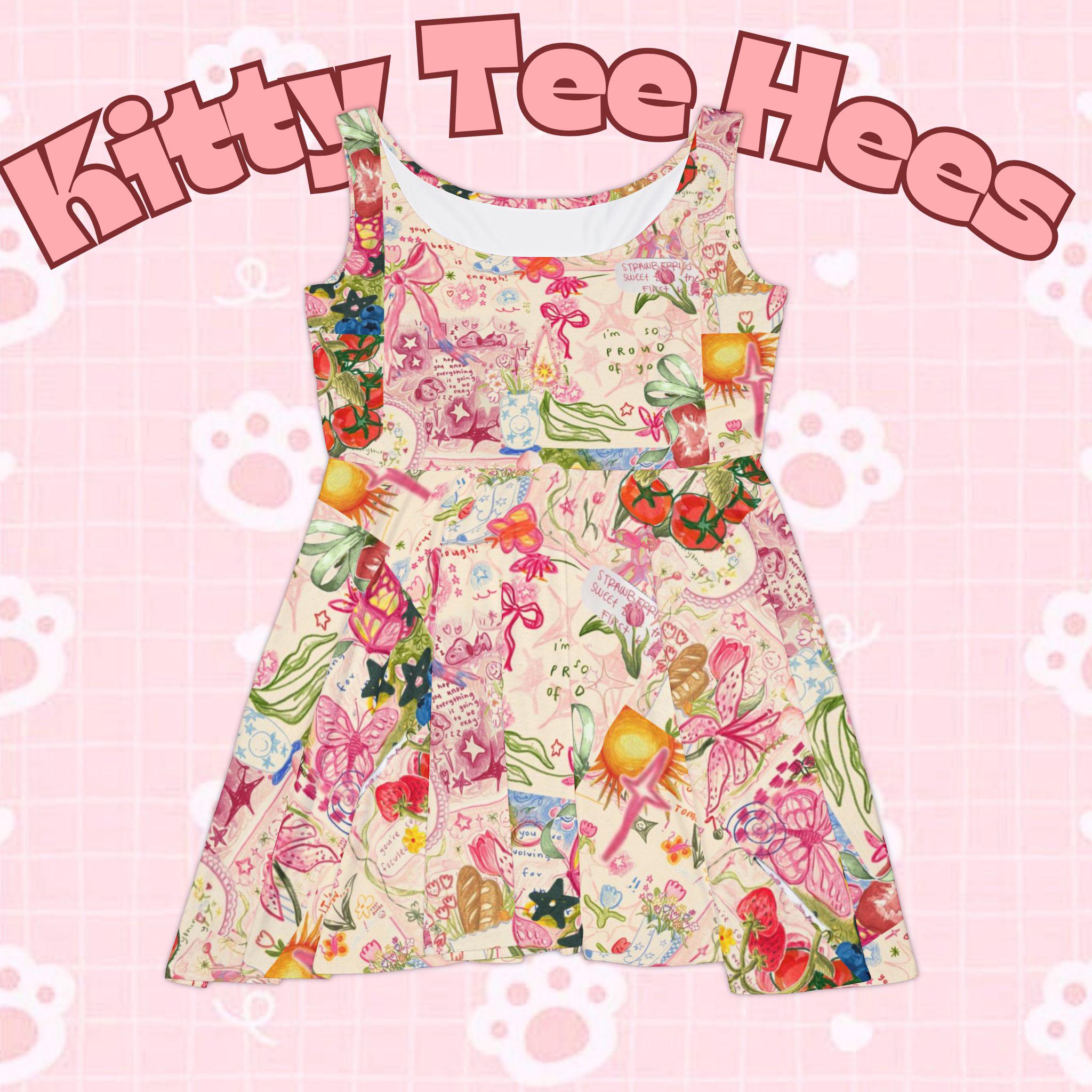 Pastel Floral Cat Skater Dress, Women's Party Outfit - Kitty TeeHees