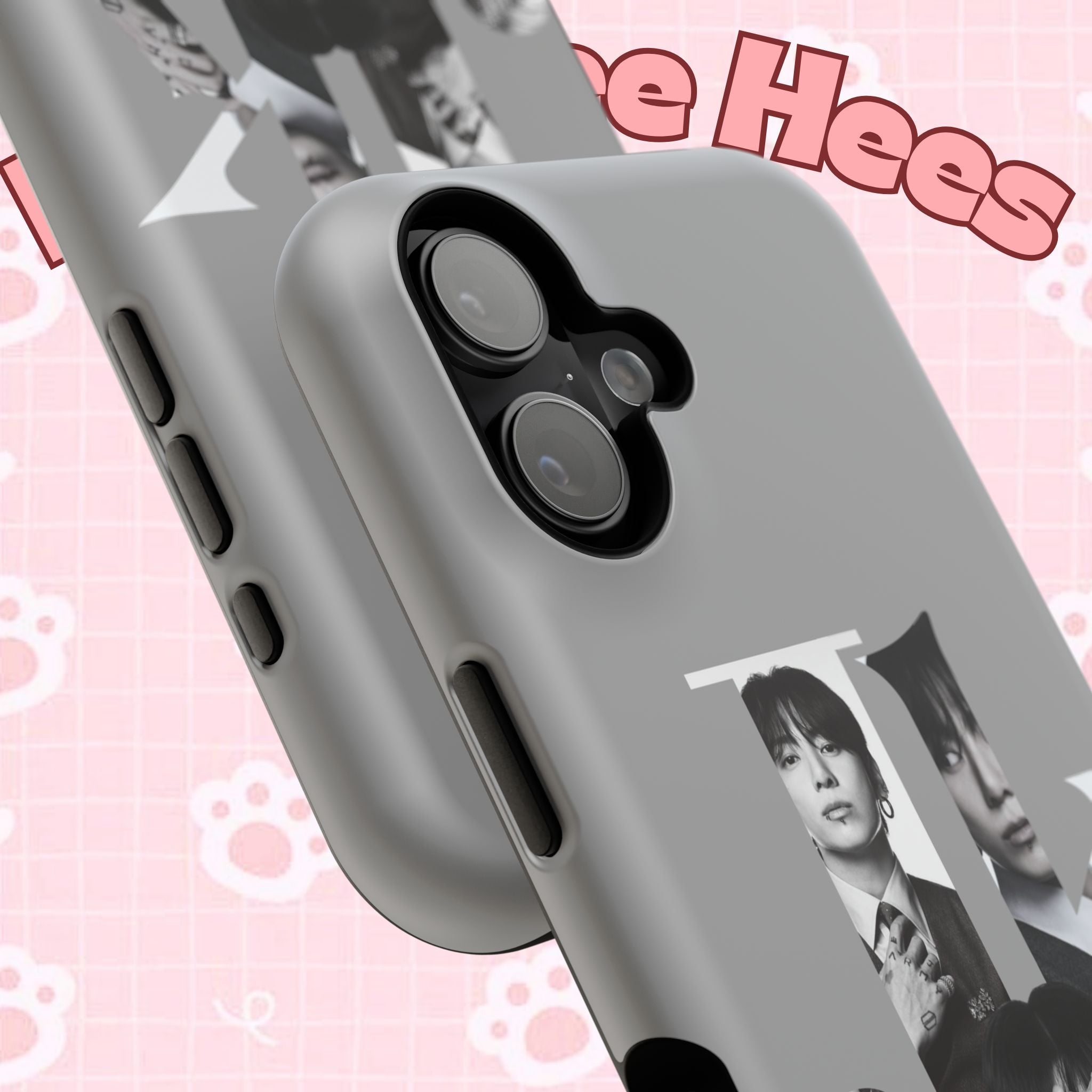 Monochrome BTS Jungkook phone case with letter design, impact-resistant Printify brand cover for Samsung or iPhone.