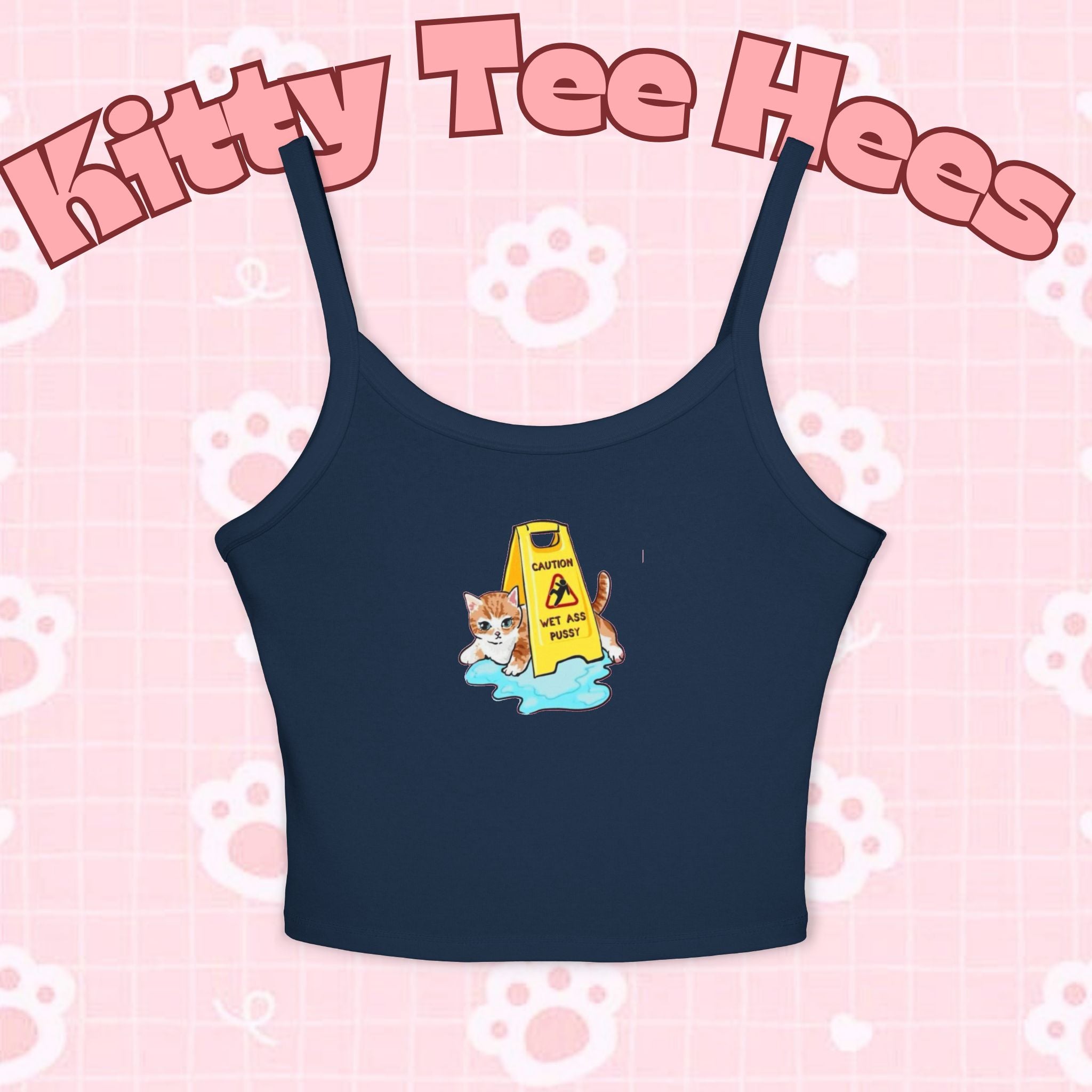 Cute cat-themed tank top for women featuring spaghetti straps, perfect for summer wear and cat lover fashion.
