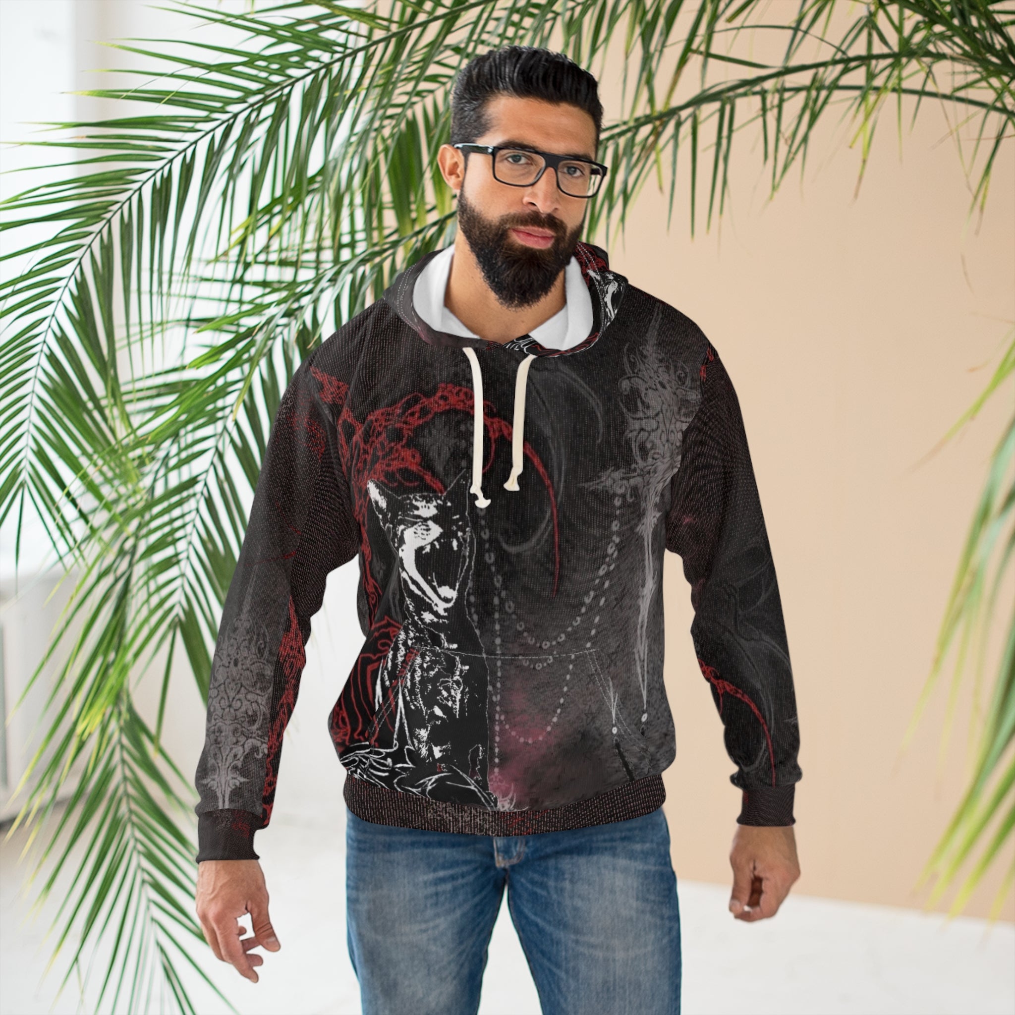 Gothic cat art unisex pullover hoodie with all-over print, featuring a unique streetwear design in alternative fashion style.