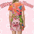 Whimsical cat T-shirt dress with all-over clown cat print, featuring fun, artsy design perfect for summer and cat lovers.