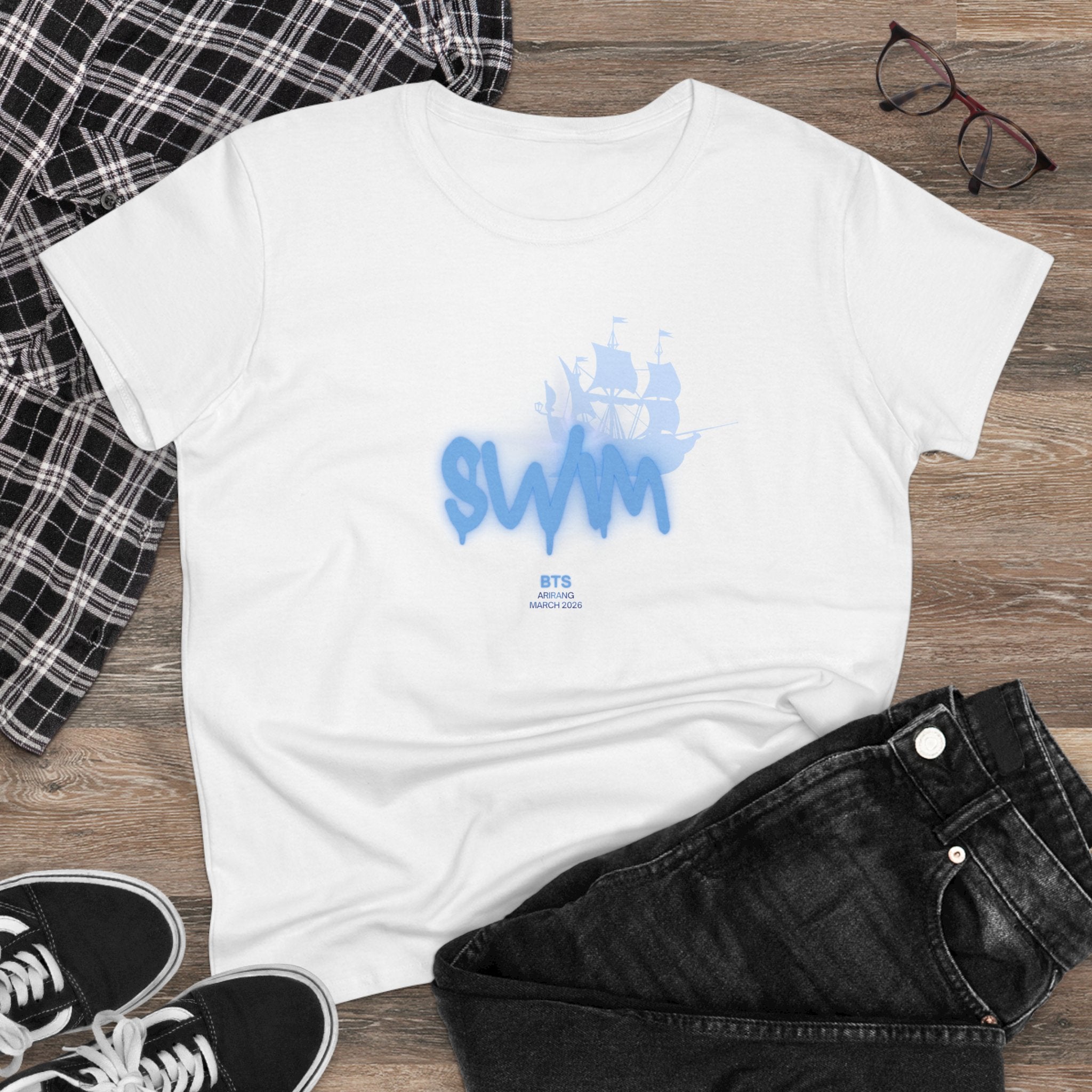 Women's BTS Sailboat Script Logo T-shirt featuring Bangtan World Tour design, cotton fabric, perfect for concert and casual wear.