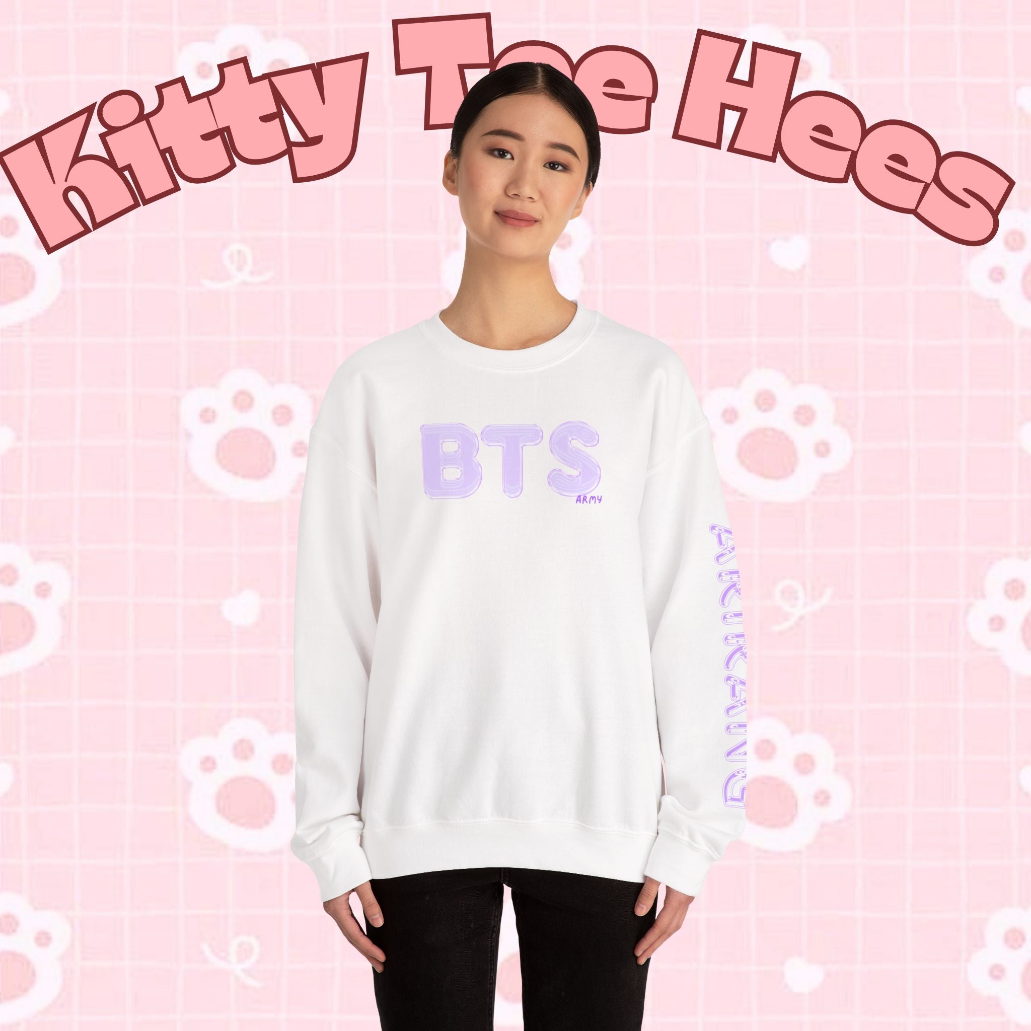 Lavender BTS Logo arirang crewneck sweatshirt featuring K-pop band print and BTS comeback design, comfortable concert sweater.
