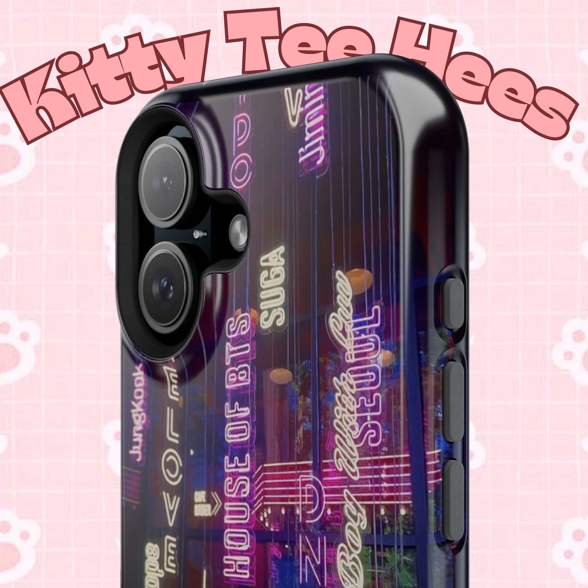 Neon Korean script BTS phone case for iPhone and Samsung, impact-resistant design with Bangtan Sonyeondan branding.