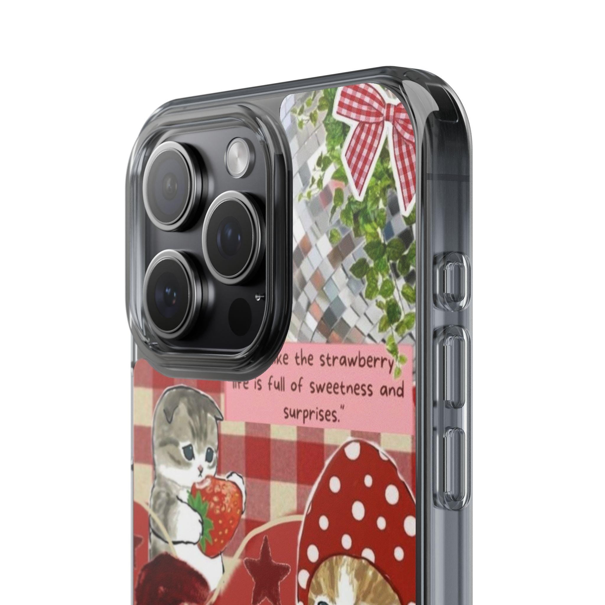 Strawberry cat Phone Case, Custom Aesthetic Collage Cat Floral Ghost Witchy Celestial Pixel Vintage Nature Phone Case Gift - Kitty TeeHees