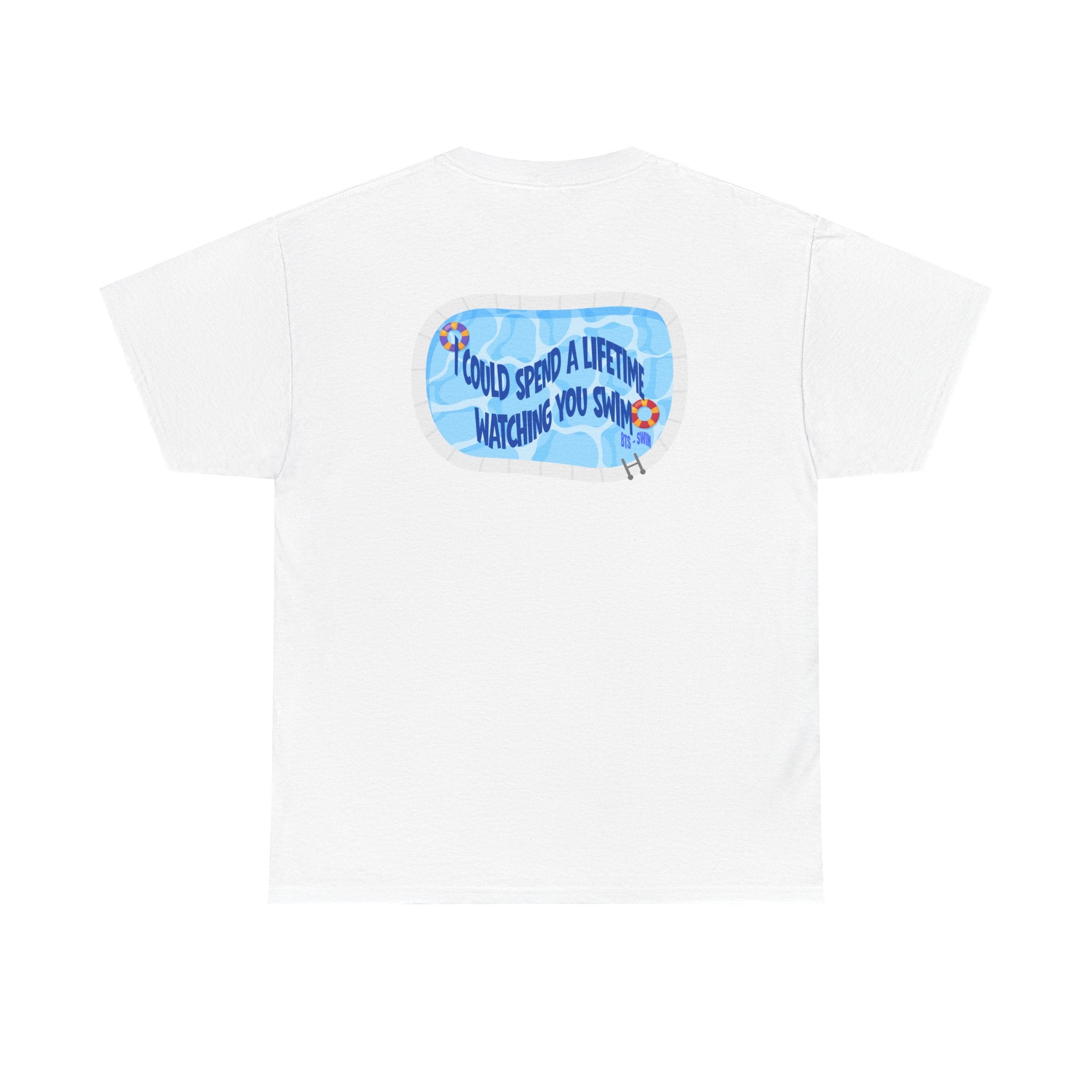 Arirang BTS swim graphic T-shirt featuring a pool scene and "I could spend a lifetime watching you swim" text, casual BTS concert tee