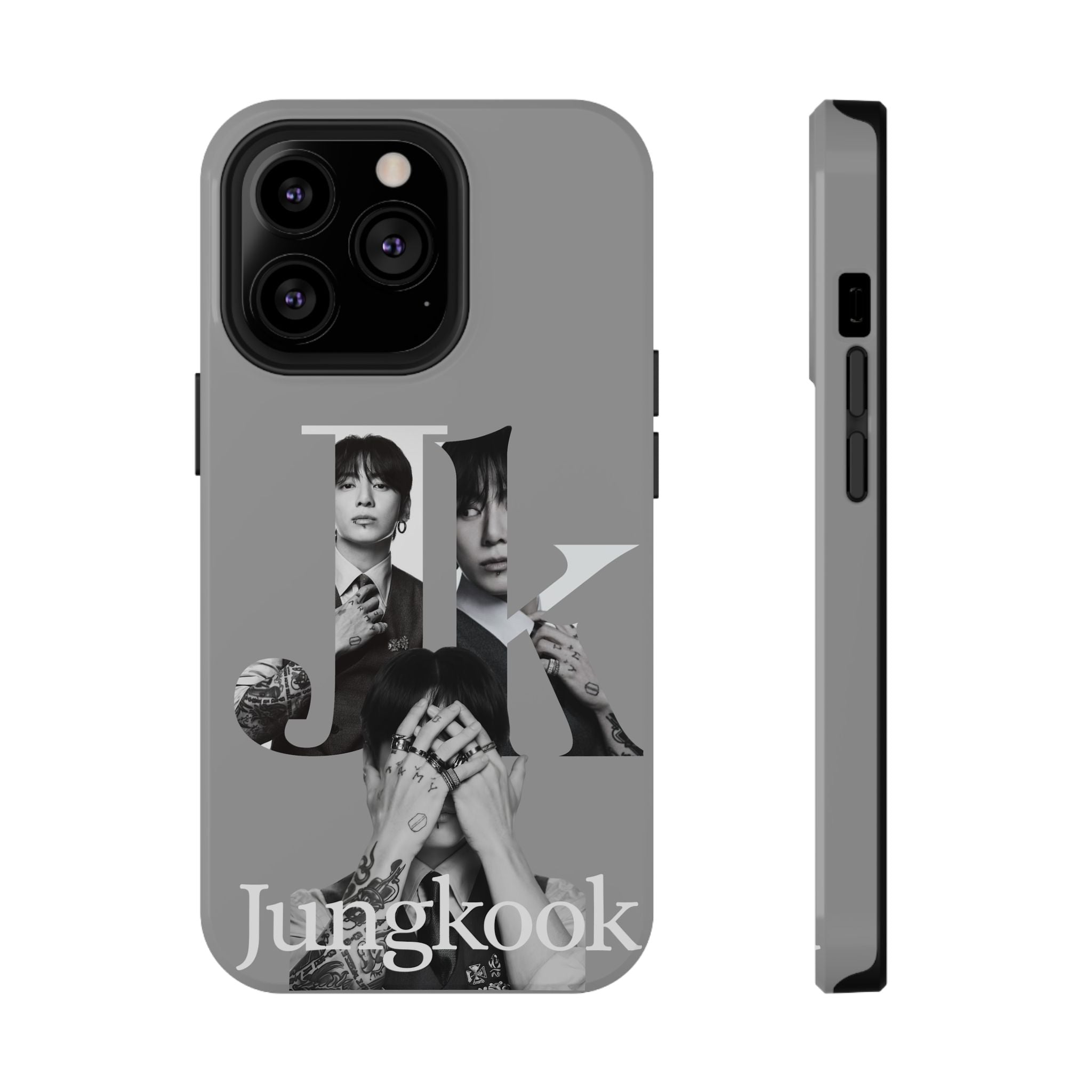 Monochrome BTS Jungkook phone case with letter design, impact-resistant Printify phone cover featuring Jungkook from Bangtan Boys.