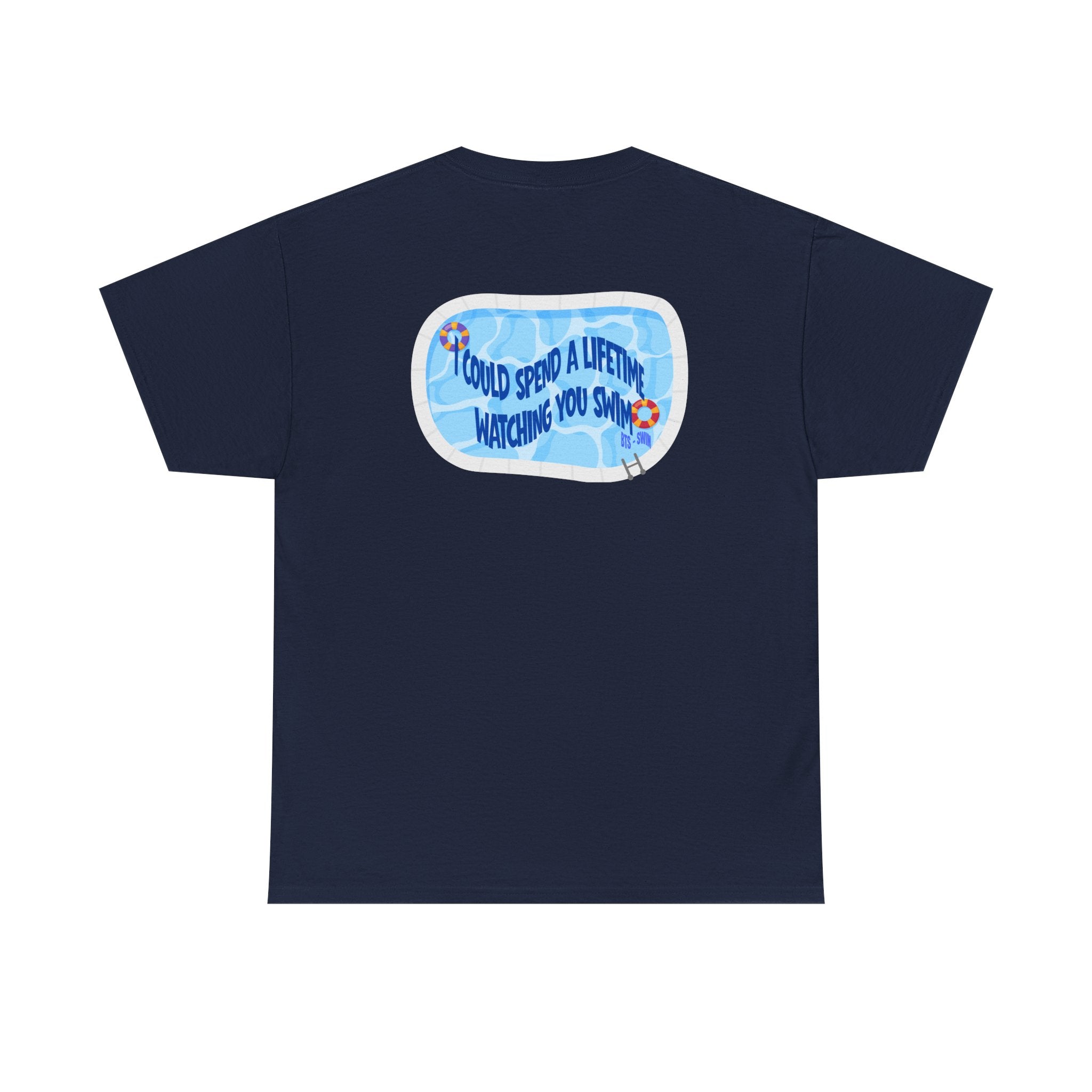 Arirang BTS pool graphic T-shirt featuring a back print with Bangtan and swimming theme, casual BTS concert tee by Printify.