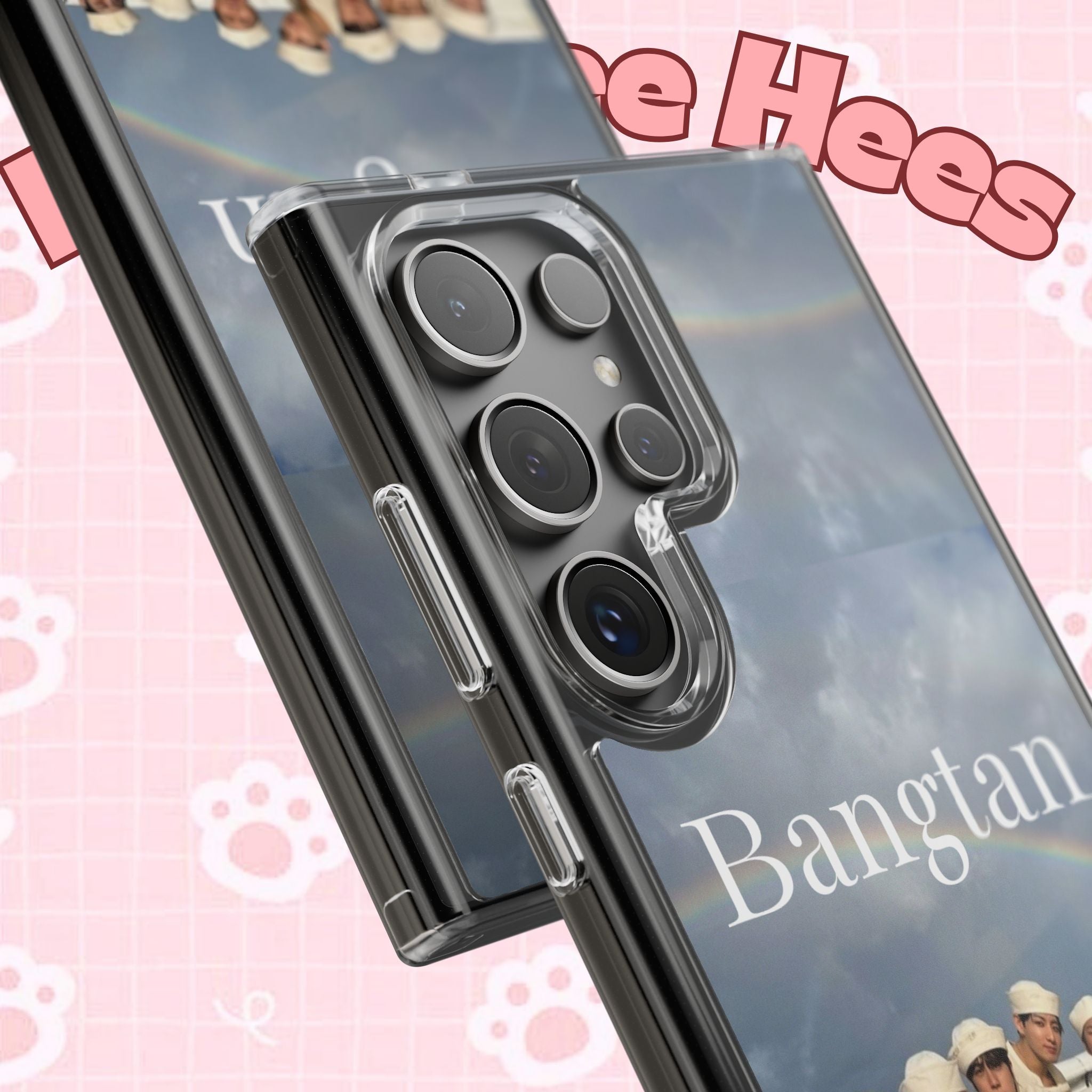 Clear impact-resistant phone case featuring Bangtan Boys K-pop design, compatible with smartphones, by Printify.