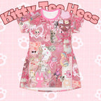 Pink cat dress T-shirt with cute heart cat graphic, featuring all-over print design by Printify, showcasing a playful and colorful style.