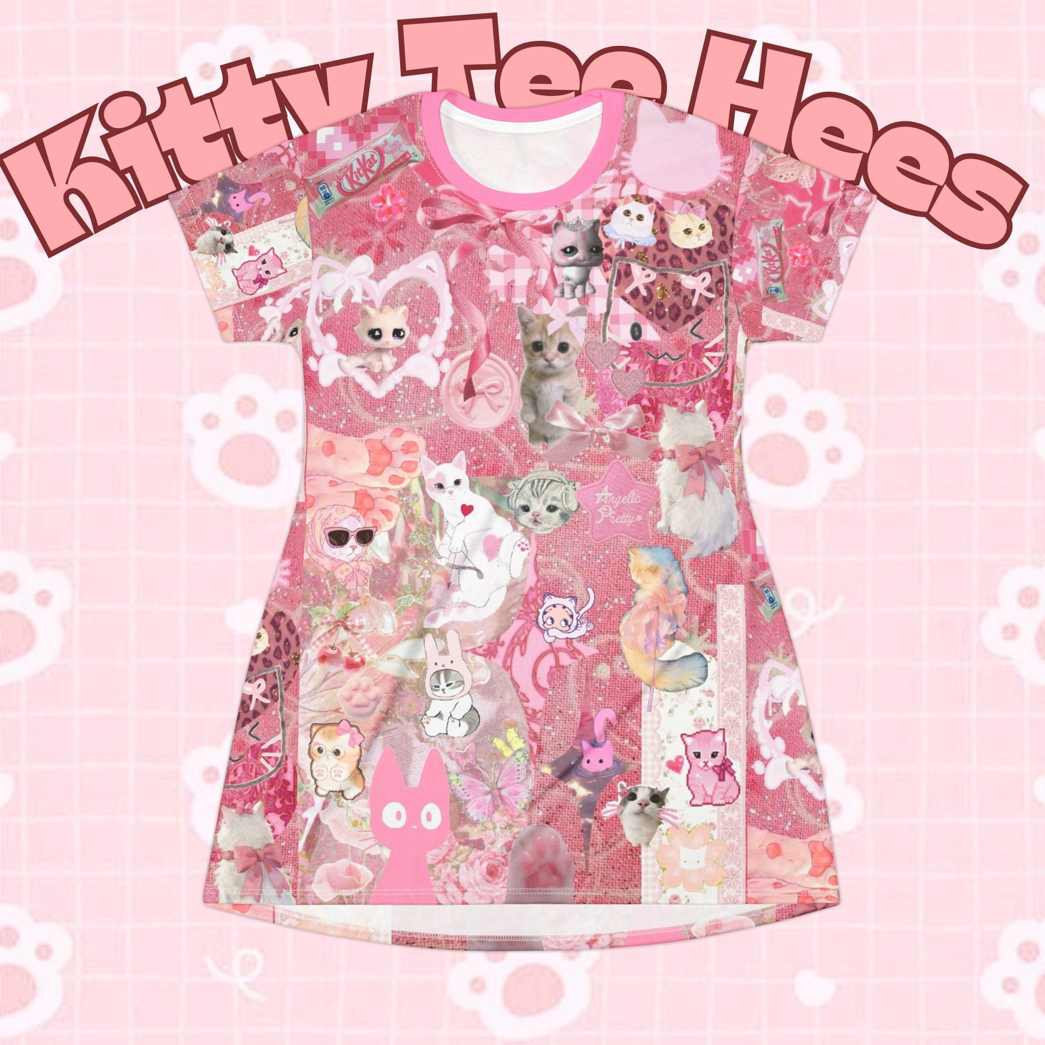 Pink cat dress T-shirt with cute heart cat graphic, featuring all-over print design by Printify, showcasing a playful and colorful style.