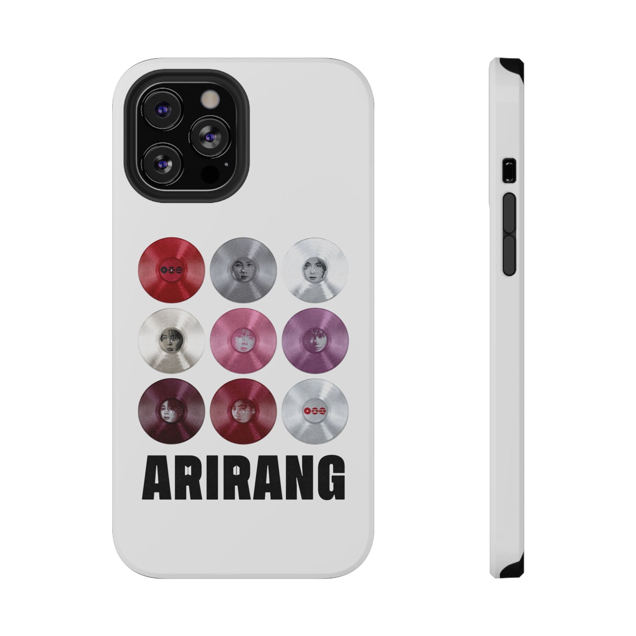 Printify BTS Arirang vinyl record grid phone case featuring impact-resistant design with cool BTS fan merch imagery.