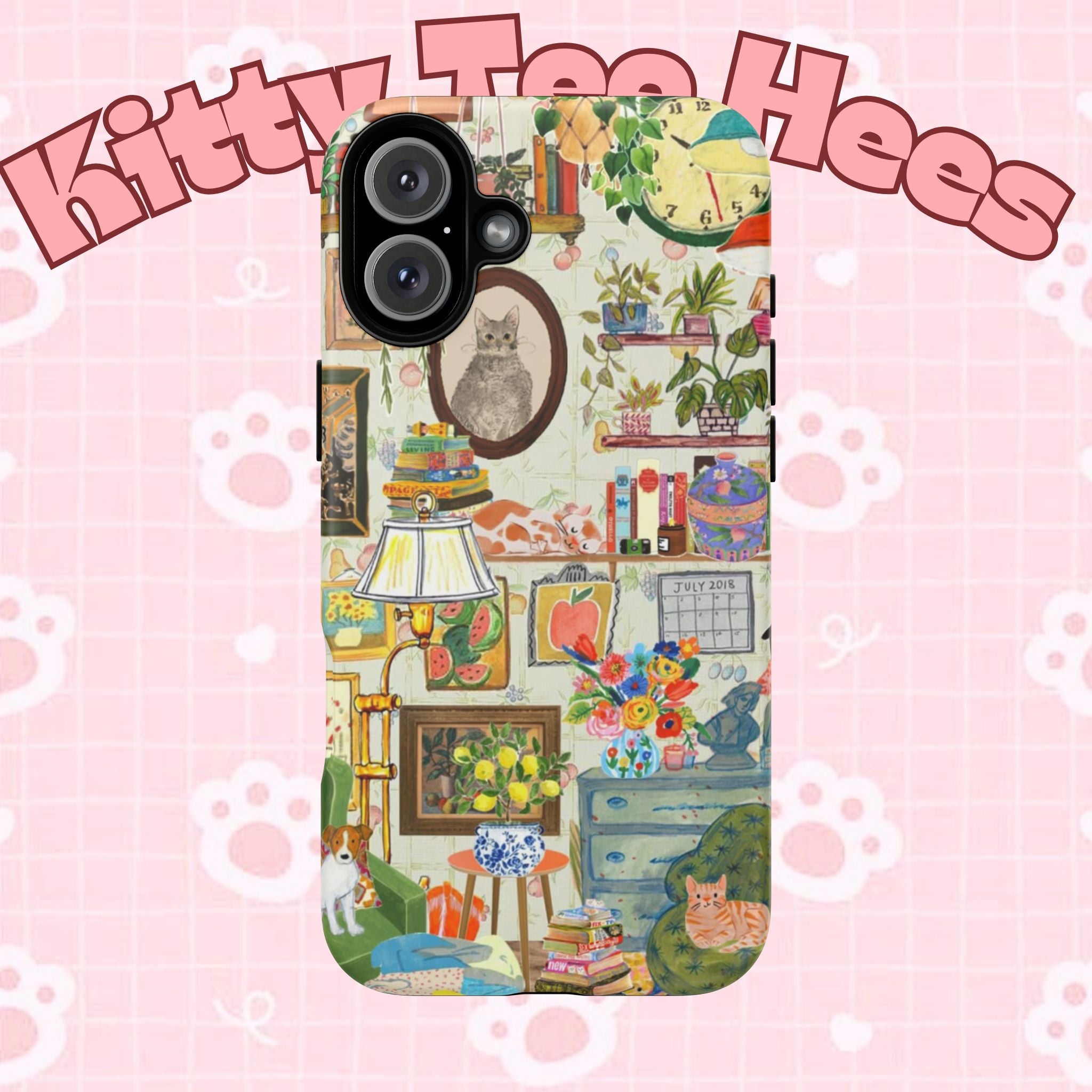 Cute cat portrait iPhone 17 case by Printify featuring a cozy living room pet home design on a stylish phone case.