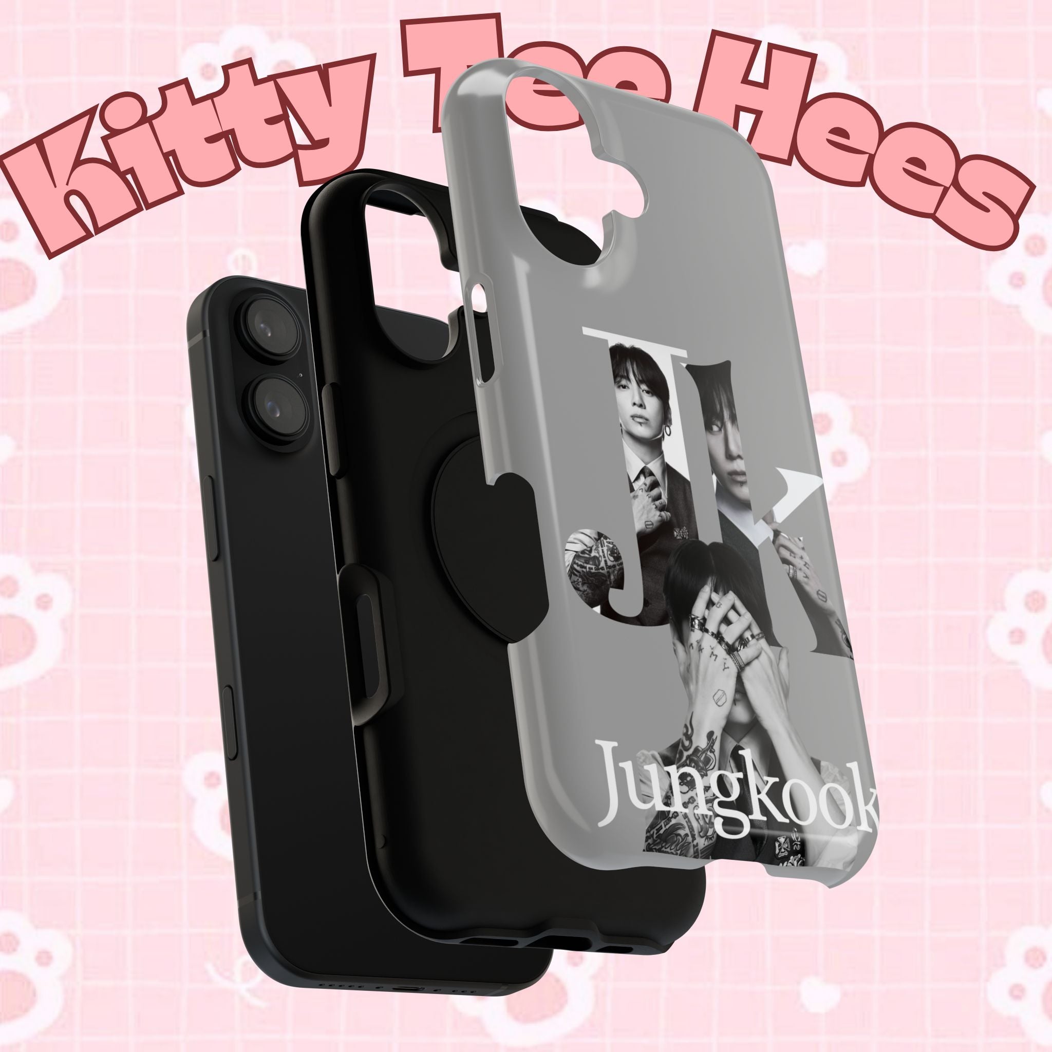 Monochrome BTS Jungkook phone case with letter design, impact-resistant printify brand protective cover for mobile phones