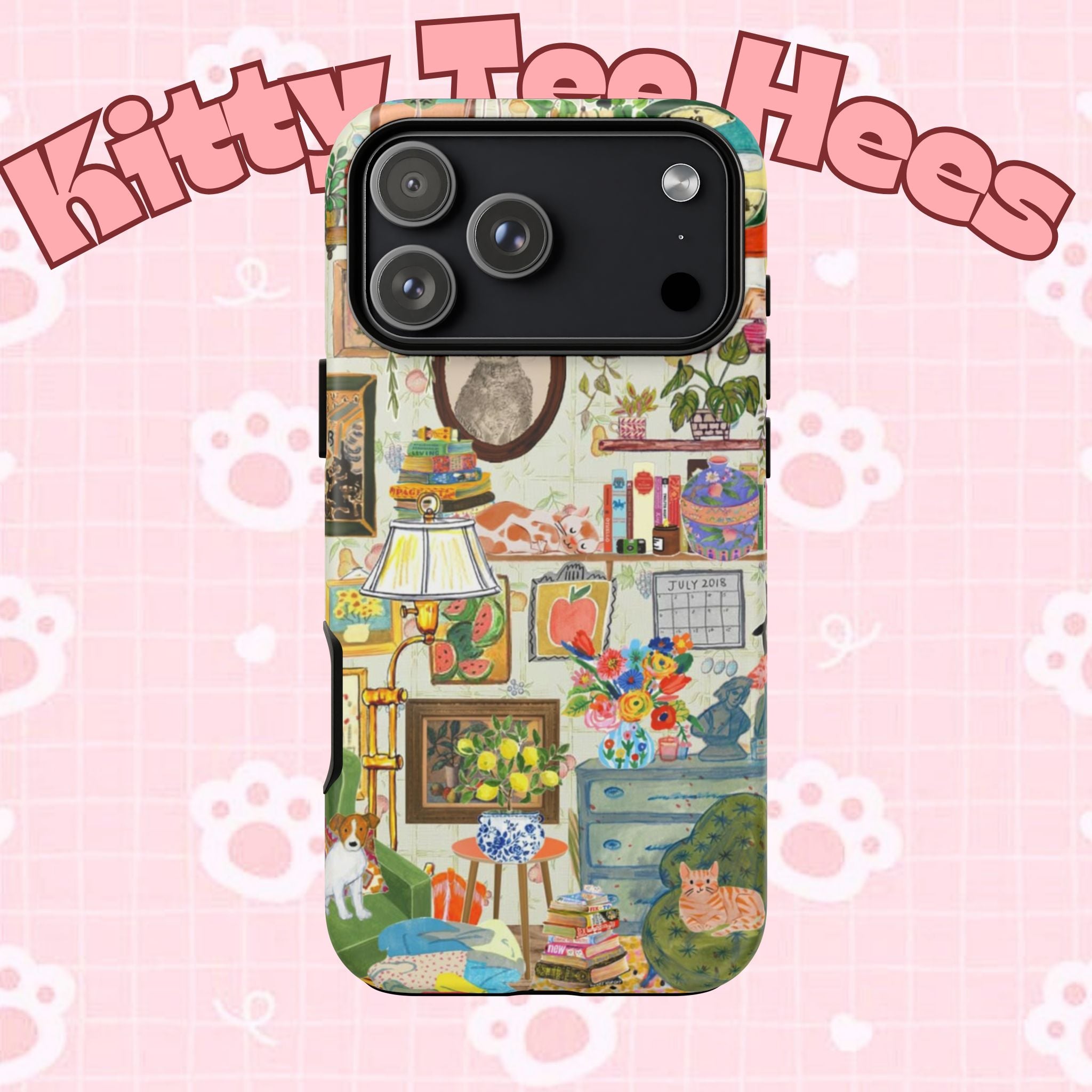 Cute cat portrait phone case for iPhone 17 by Printify, featuring a cozy living room pet home design and stylish protection.