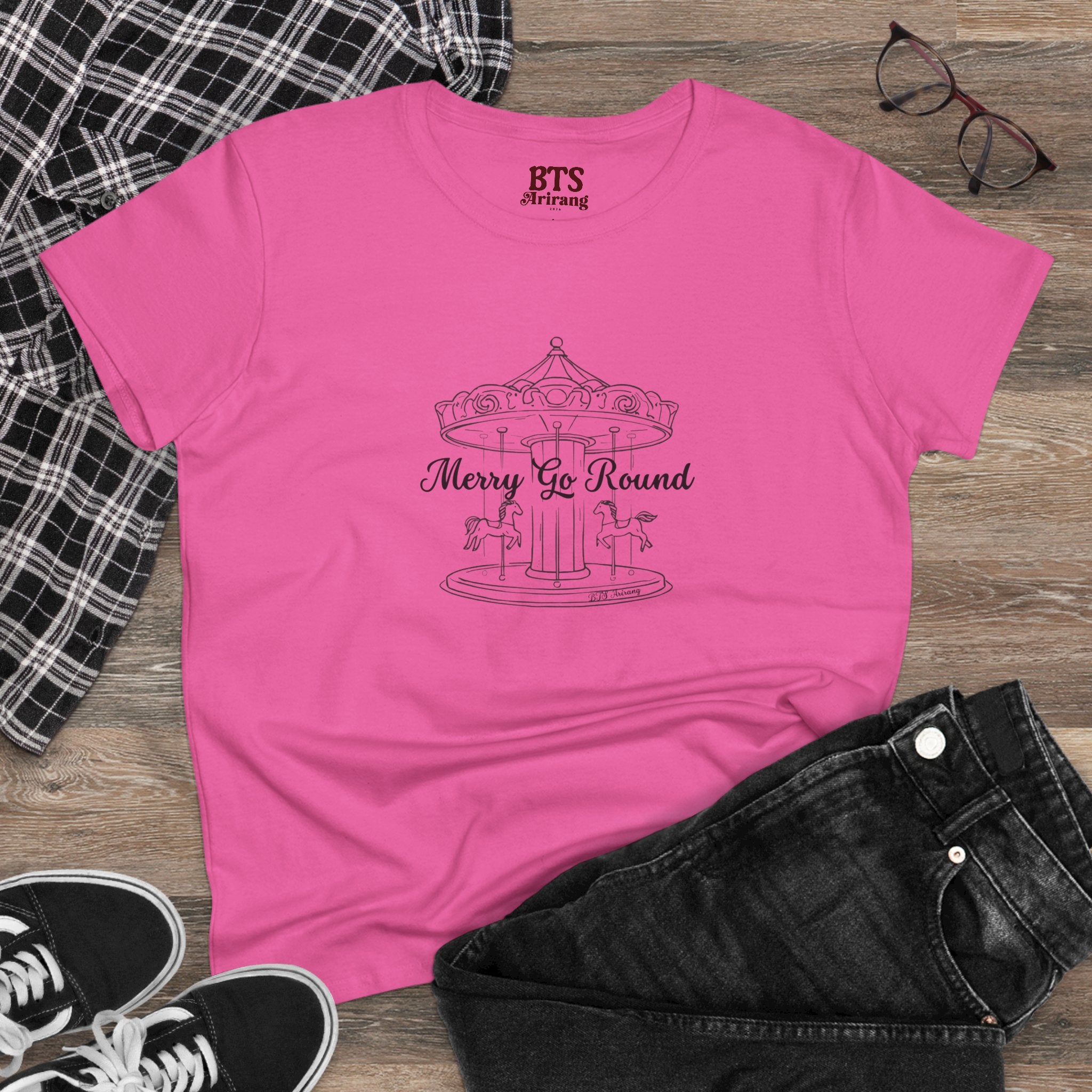 Printify BTS Arirang 2026 album carousel sketch T-shirt with lyric script back print and colorful design.