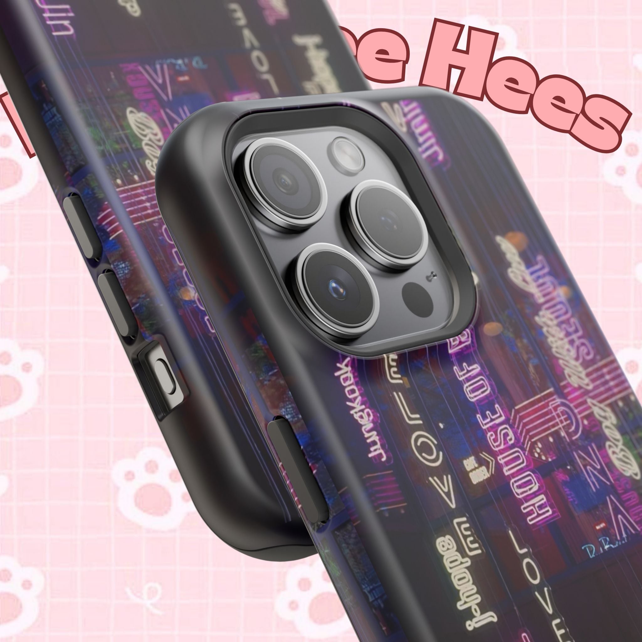 Neon Korean script print on impact-resistant BTS phone case for iPhone and Samsung, featuring Bangtan Sonyeondan branding.