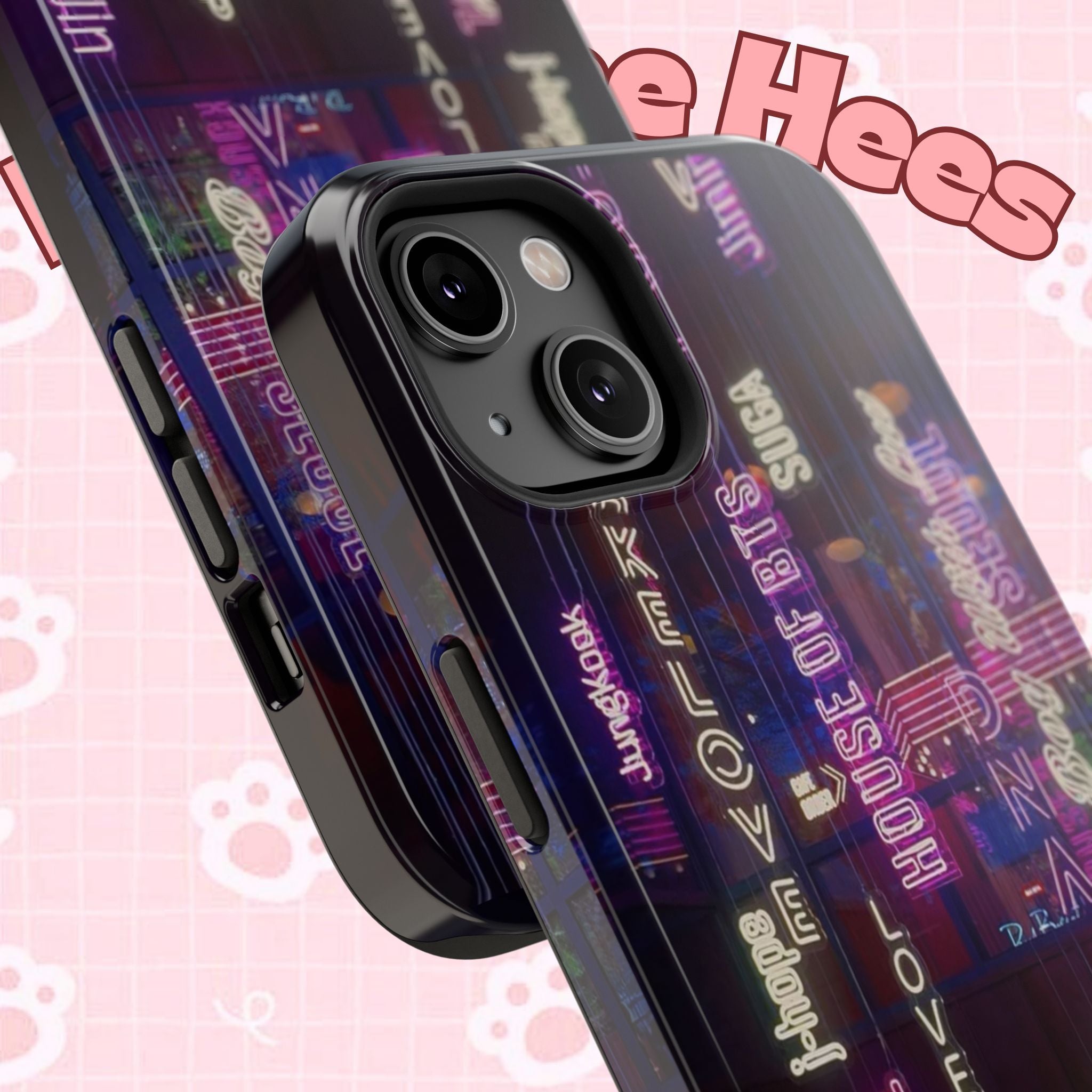 Neon Korean script BTS phone case for iPhone and Samsung, impact-resistant design with Bangtan Sonyeondan branding by Printify