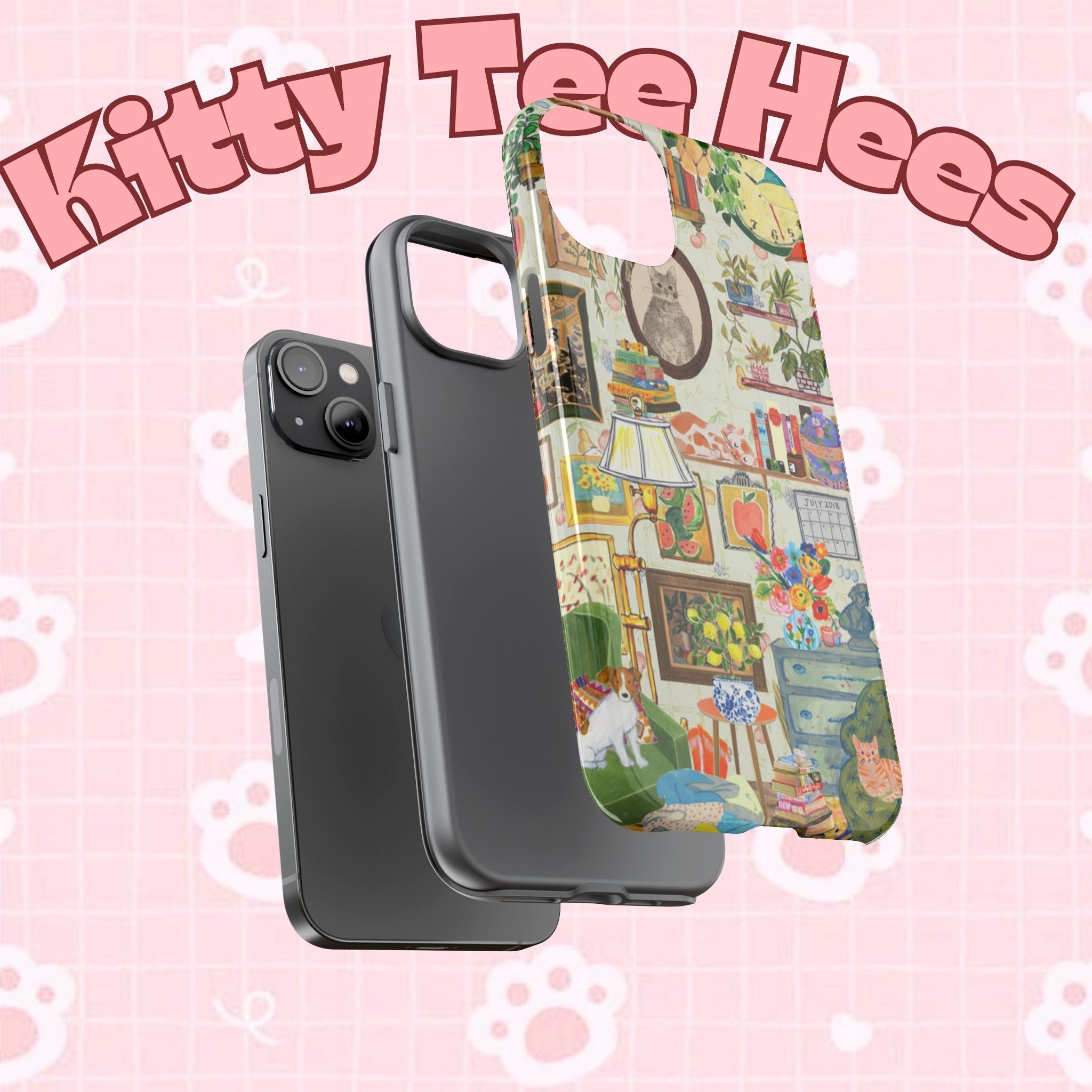 Cute cat portrait phone case for iPhone 17 featuring a framed cozy living room scene, stylish and pet-themed design.