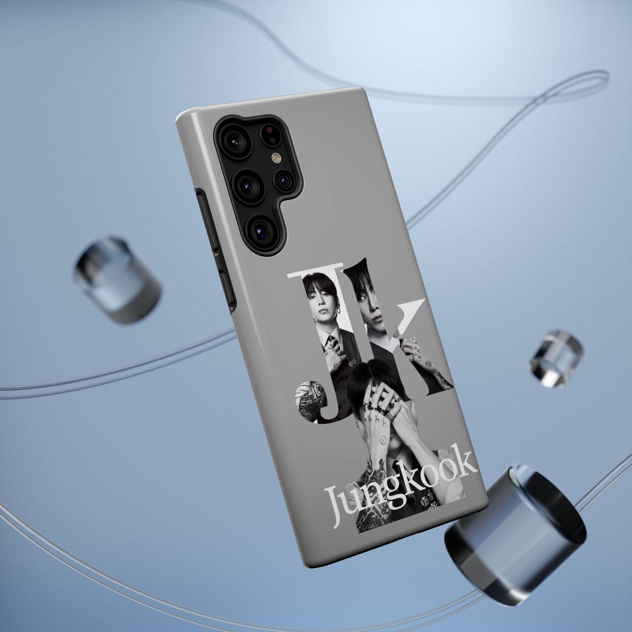 Monochrome BTS Jungkook phone case by Printify featuring impact-resistant design and bold letter lettering for Galaxy or iPhone.