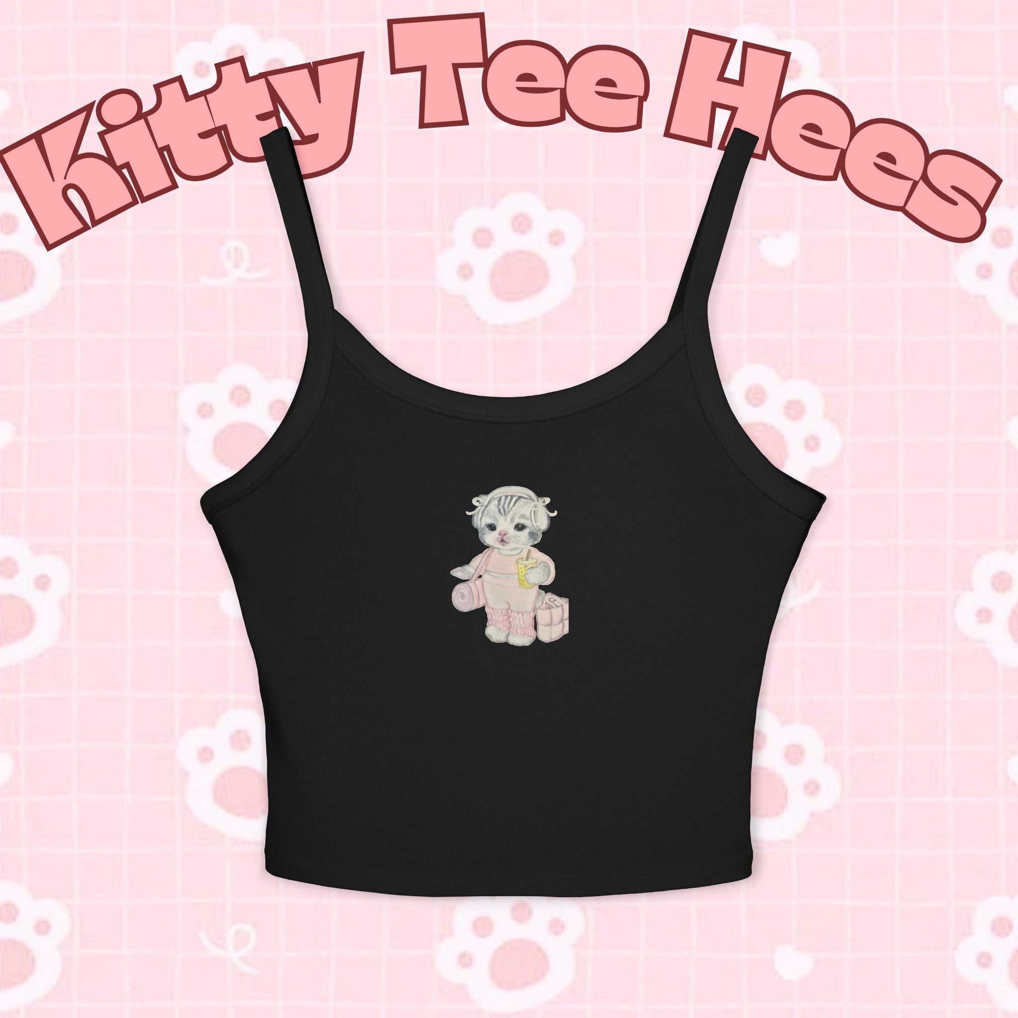 Printify women's spaghetti strap tank top featuring a cute Pilates cat and yoga cat design, perfect for summer casual wear.
