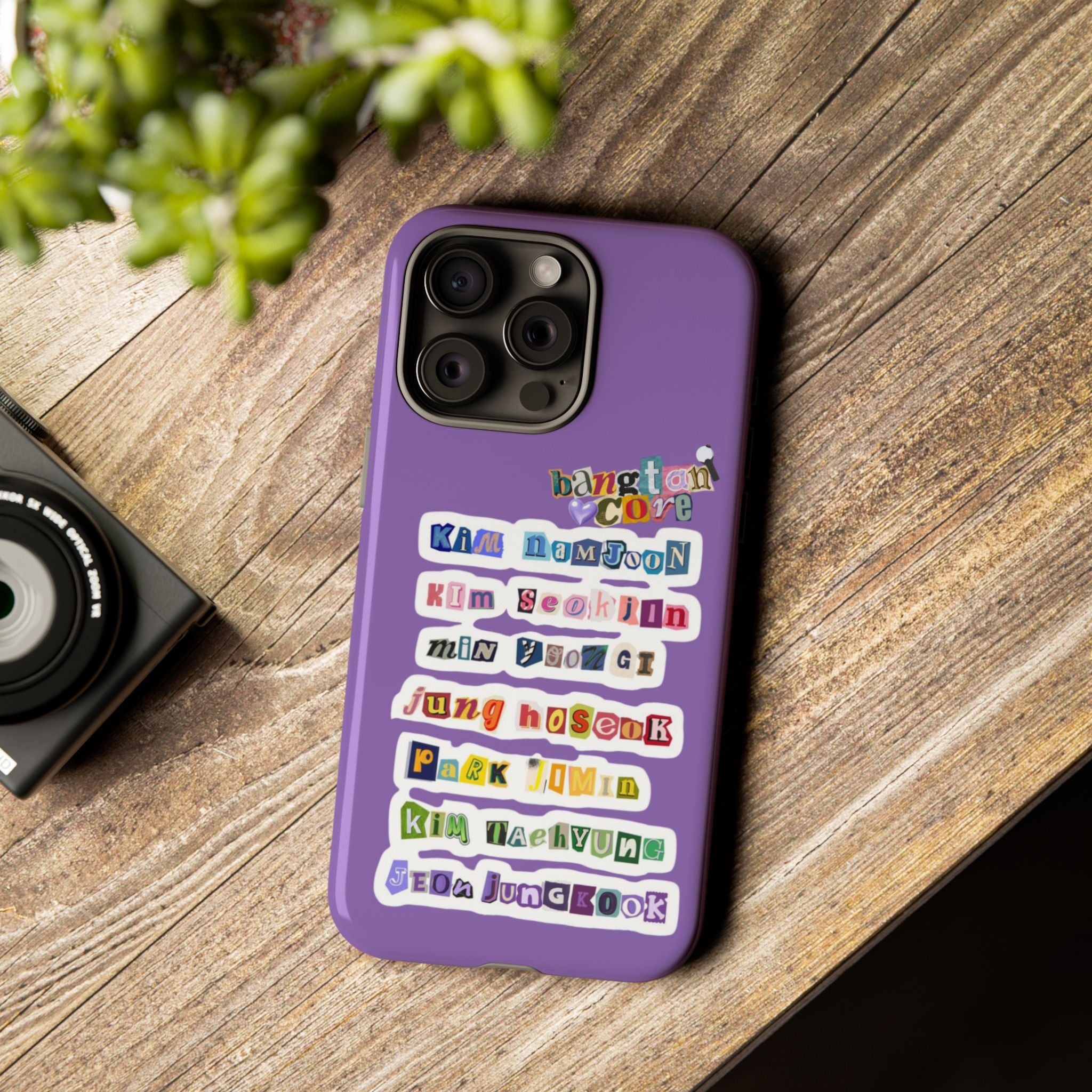 BTS member names phone case featuring Jungkook, Jimin, and RM for iPhone 17, with a durable tough case design.