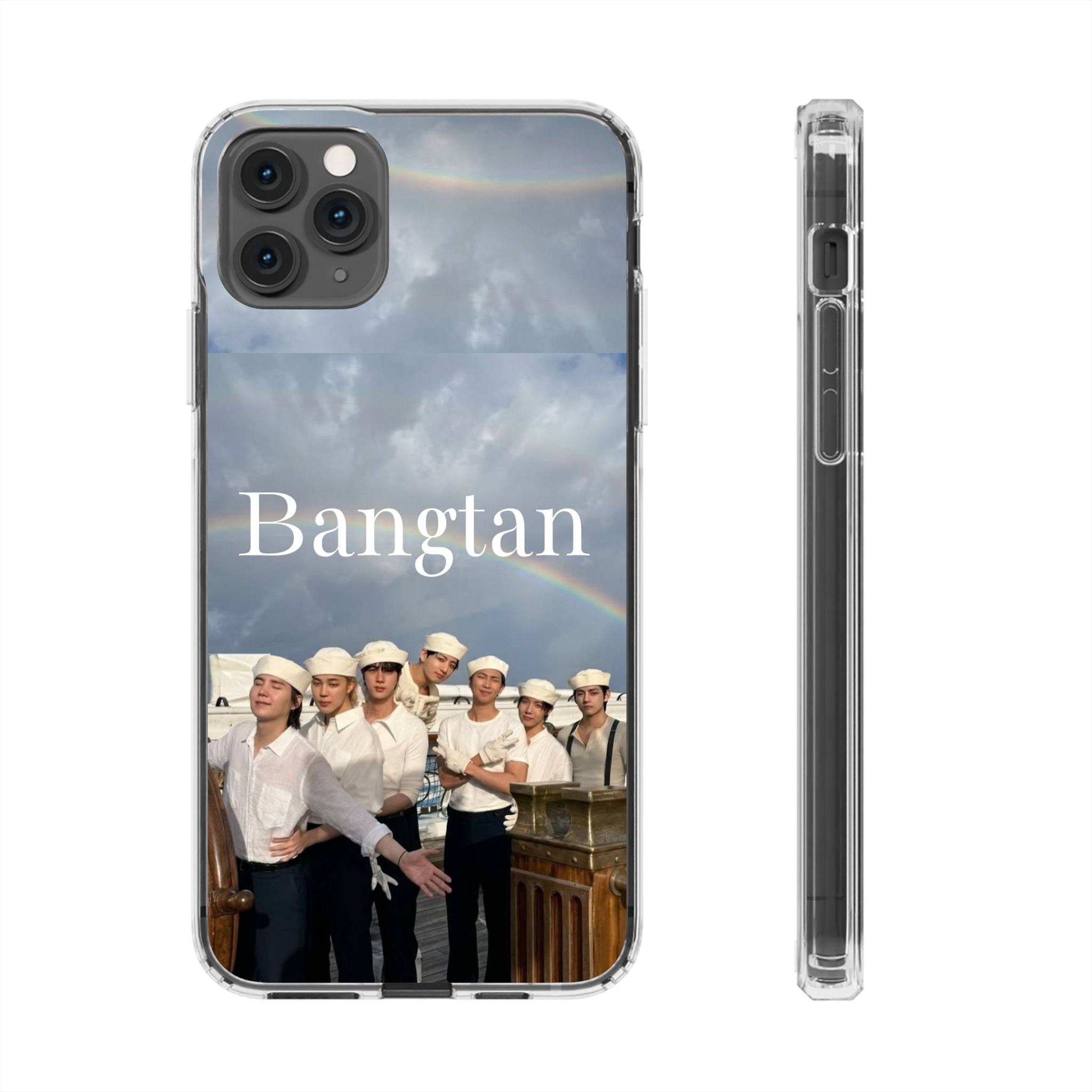 Clear impact-resistant phone case with Bangtan K-pop design, perfect for protecting and showcasing your phone.