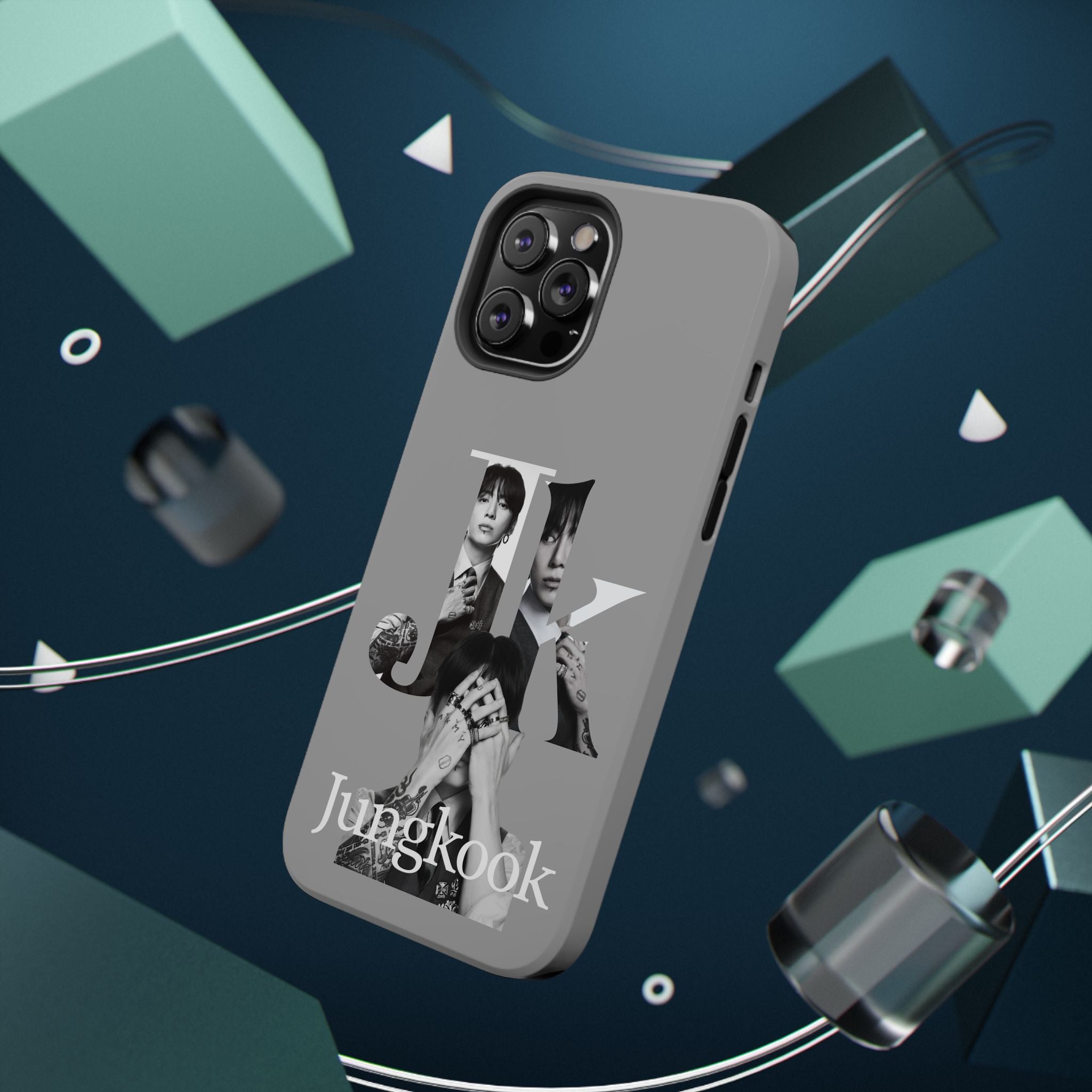 Monochrome BTS Jungkook phone case by Printify featuring impact-resistant design and letter graphics for popular K-pop idol fans.