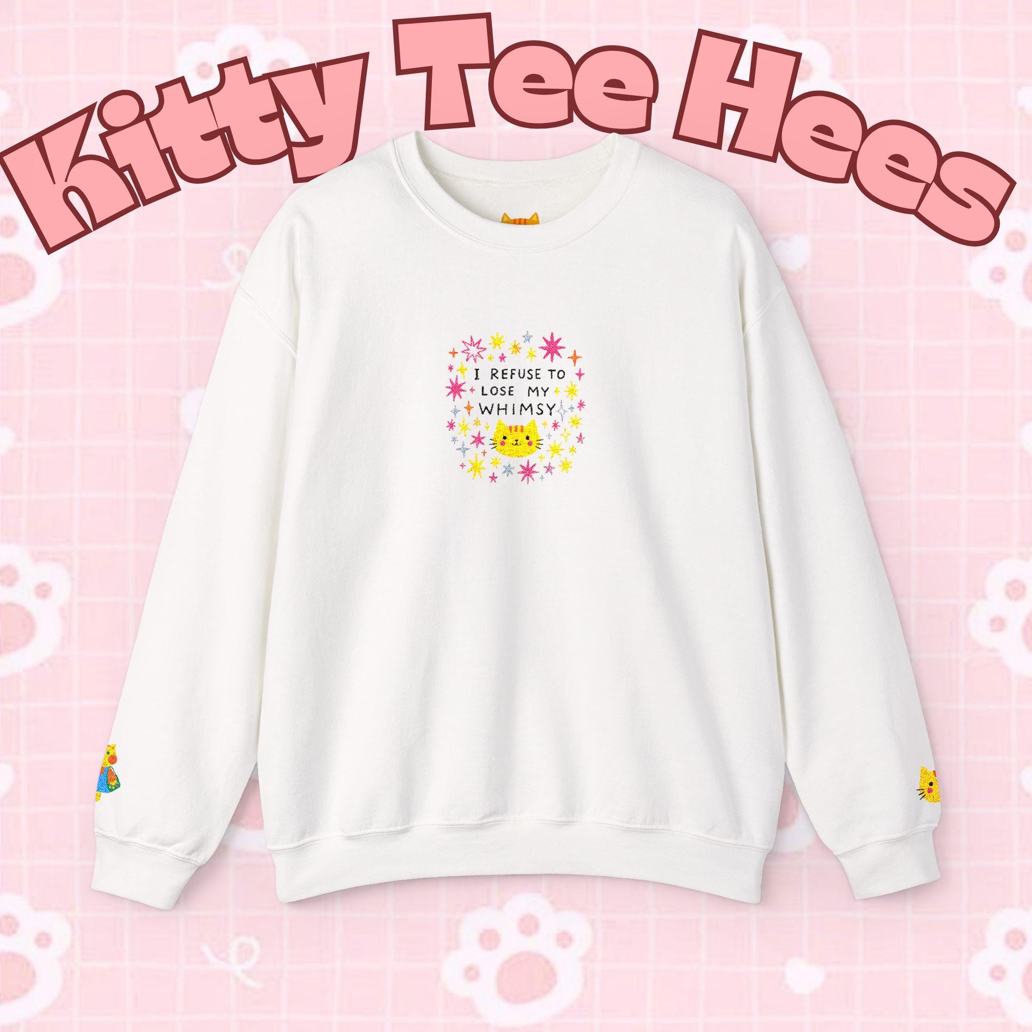 Kitty Tee Hees sweatshirt | Cute kitty illustration, pastel stars and flowers - Kitty TeeHees