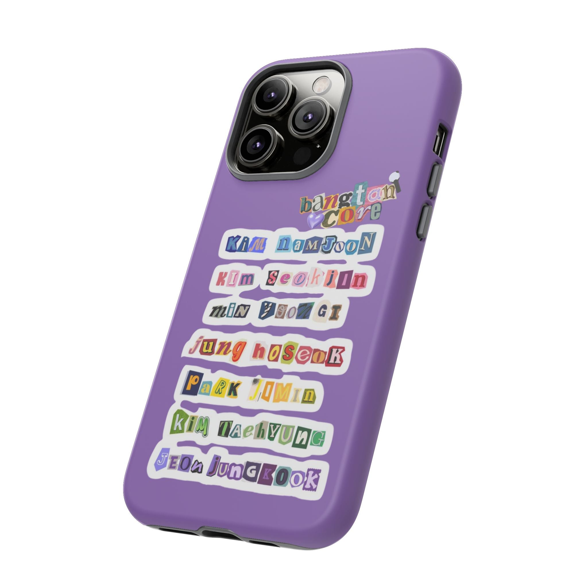 Printify BTS member names phone case featuring Jungkook, Jimin, and RM for iPhone 17, with a durable tough case design.