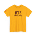 BTS Arirang T-shirt featuring Korean Hangul, part of BTS 2026 comeback and world tour concert fit by Printify.