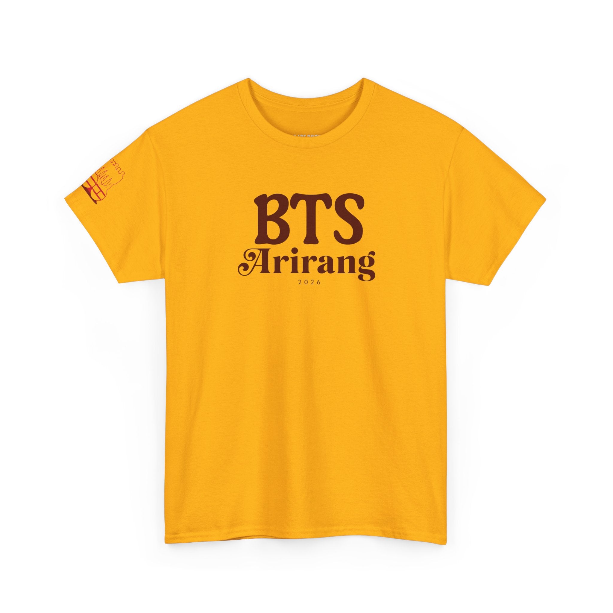 BTS Arirang T-shirt featuring Korean Hangul, part of BTS 2026 comeback and world tour concert fit by Printify.